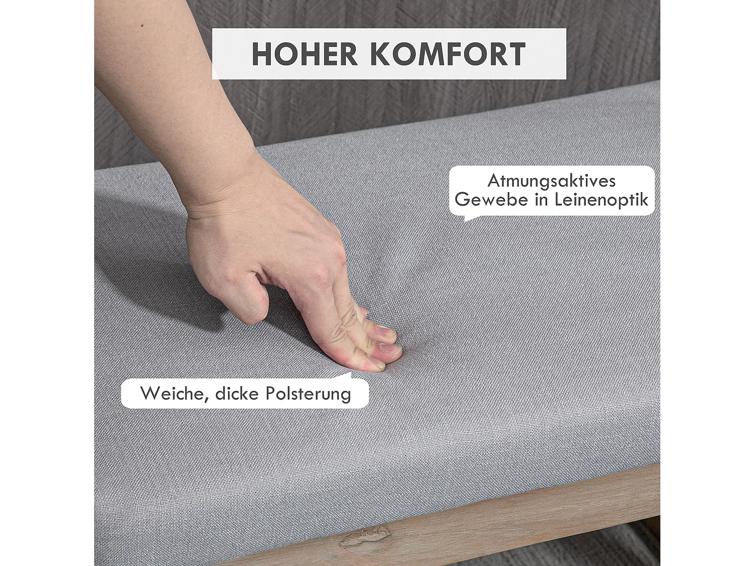 Tabouret de rangement avec pieds en bois, pouf rembourré, tissu polyester, gris (68x38x42 cm)