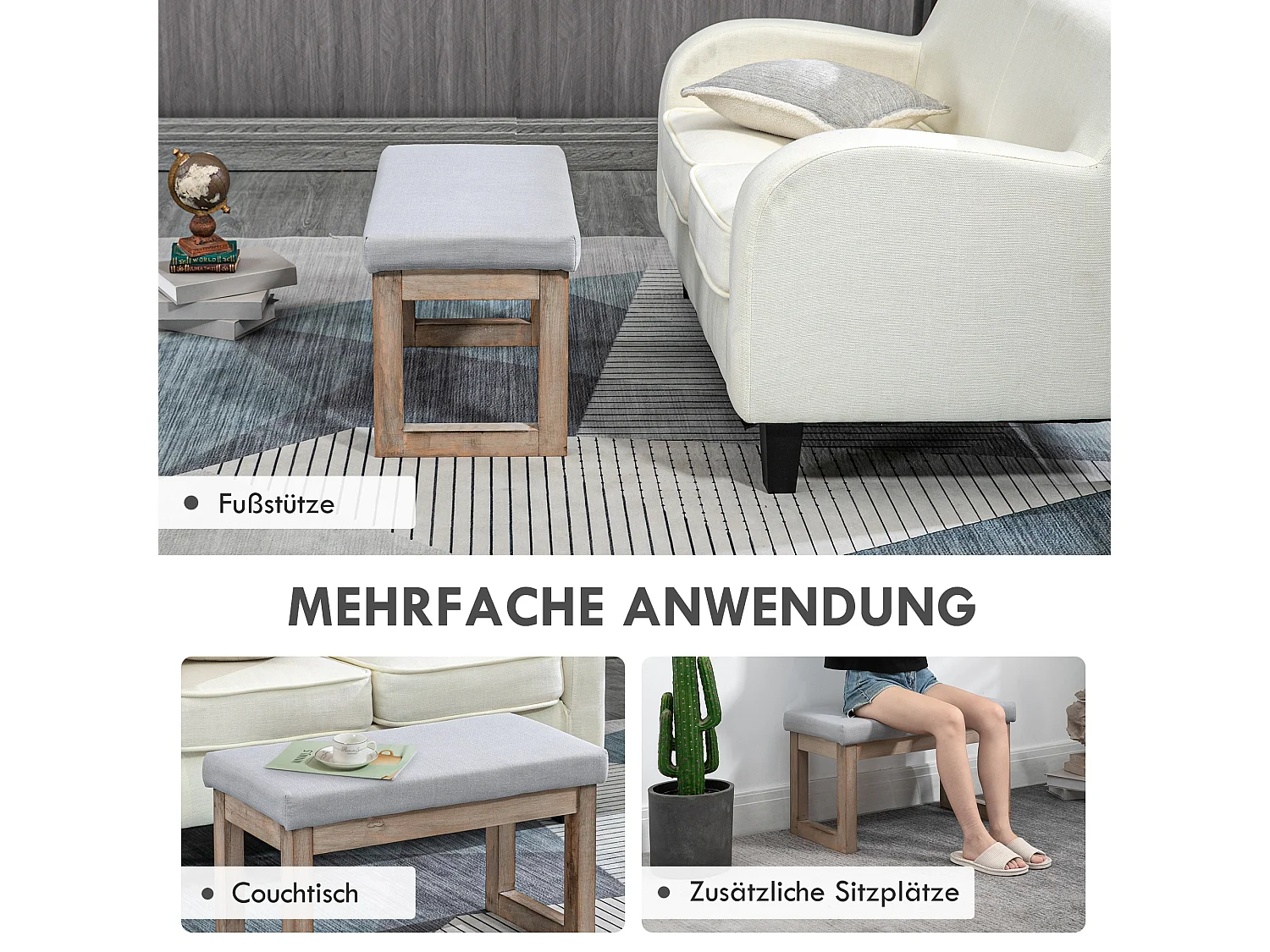 Tabouret de rangement avec pieds en bois, pouf rembourré, tissu polyester, gris (68x38x42 cm)