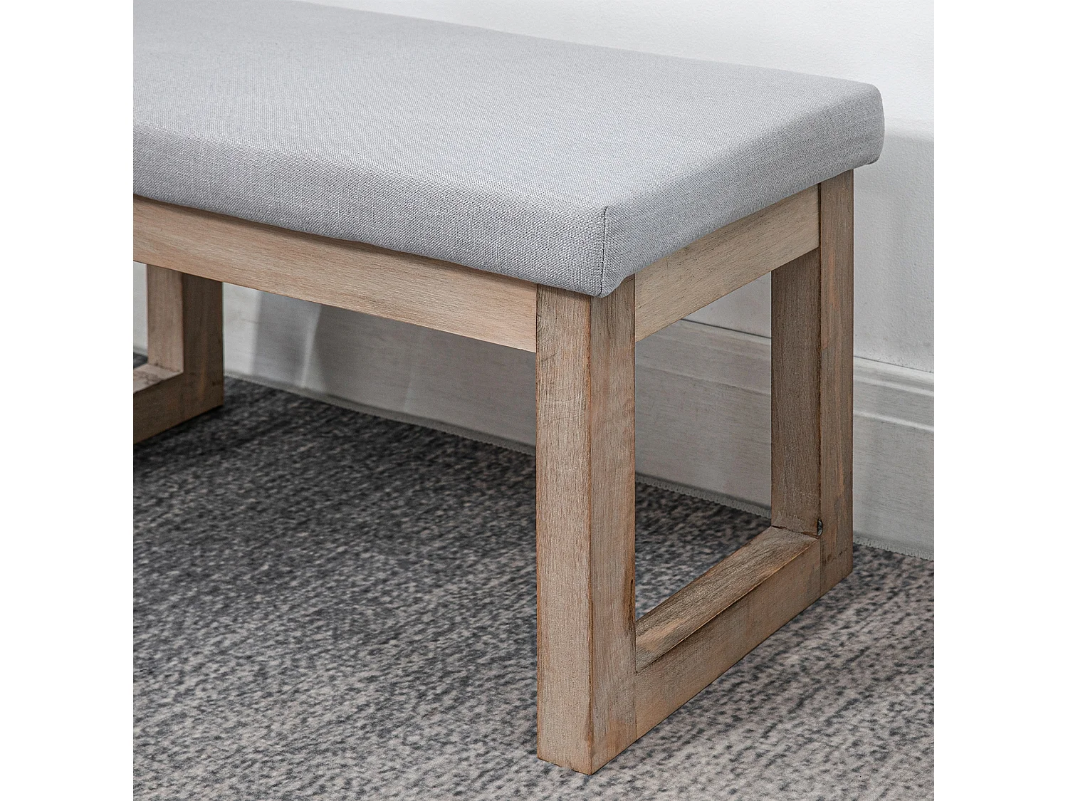 Tabouret de rangement avec pieds en bois, pouf rembourré, tissu polyester, gris (68x38x42 cm)