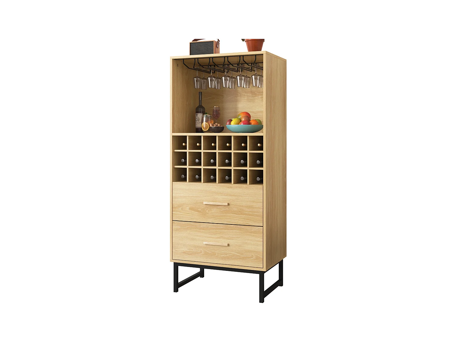 Weinschrank, 2 tiroirs, 18 Fächer, Gläserhalterung, mattschwarze Metallfüße, bois (60x39.5x141 cm)
