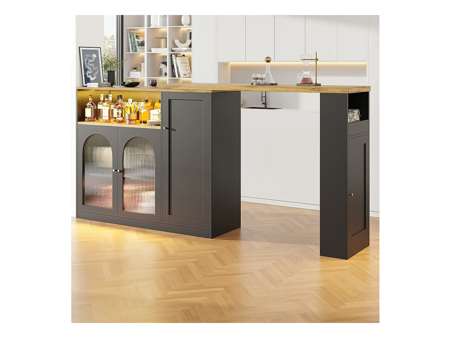 Table haute pivotante 360°, design moderne, mat noir avec porte en verre Changhong et éclairage LED, meuble de rangement (197x39.6x100 cm)