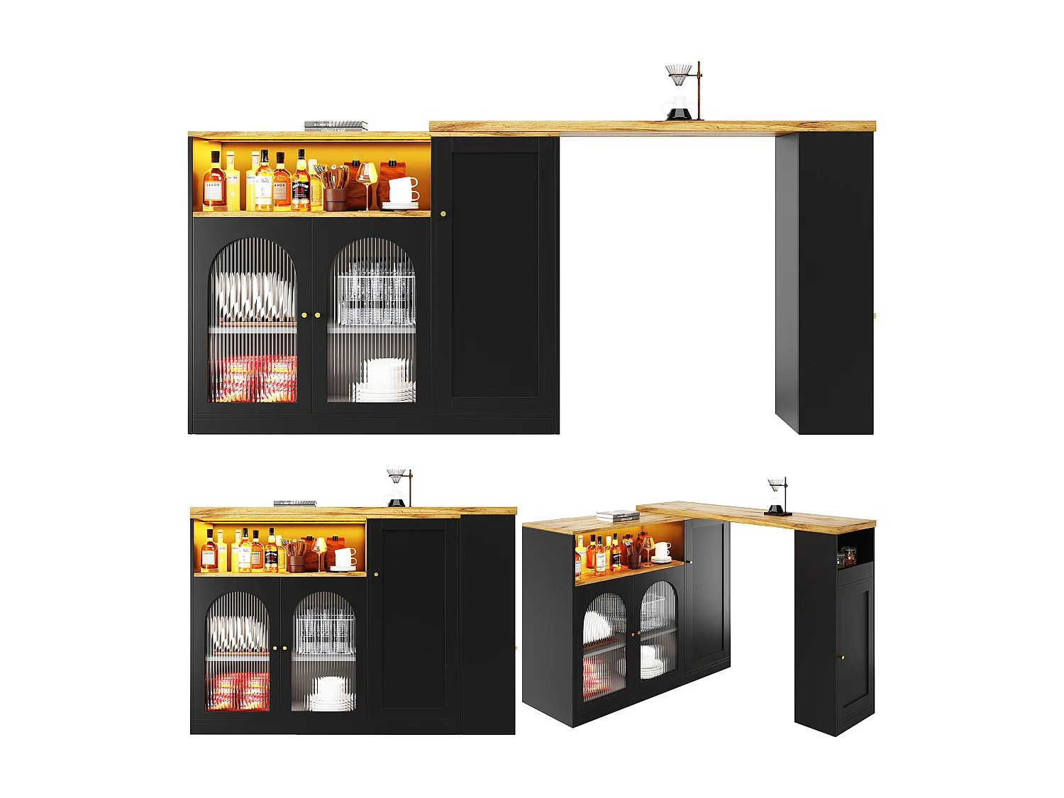Table haute pivotante 360°, design moderne, mat noir avec porte en verre Changhong et éclairage LED, meuble de rangement (197x39.6x100 cm)