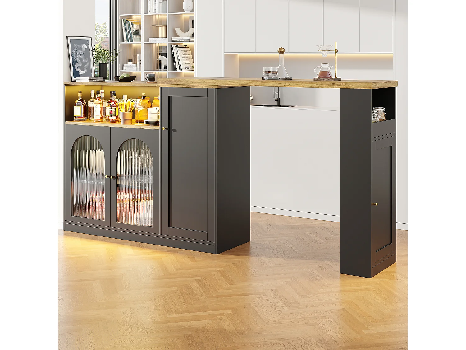 Table haute pivotante 360°, design moderne, mat noir avec porte en verre Changhong et éclairage LED, meuble de rangement (197x39.6x100 cm)