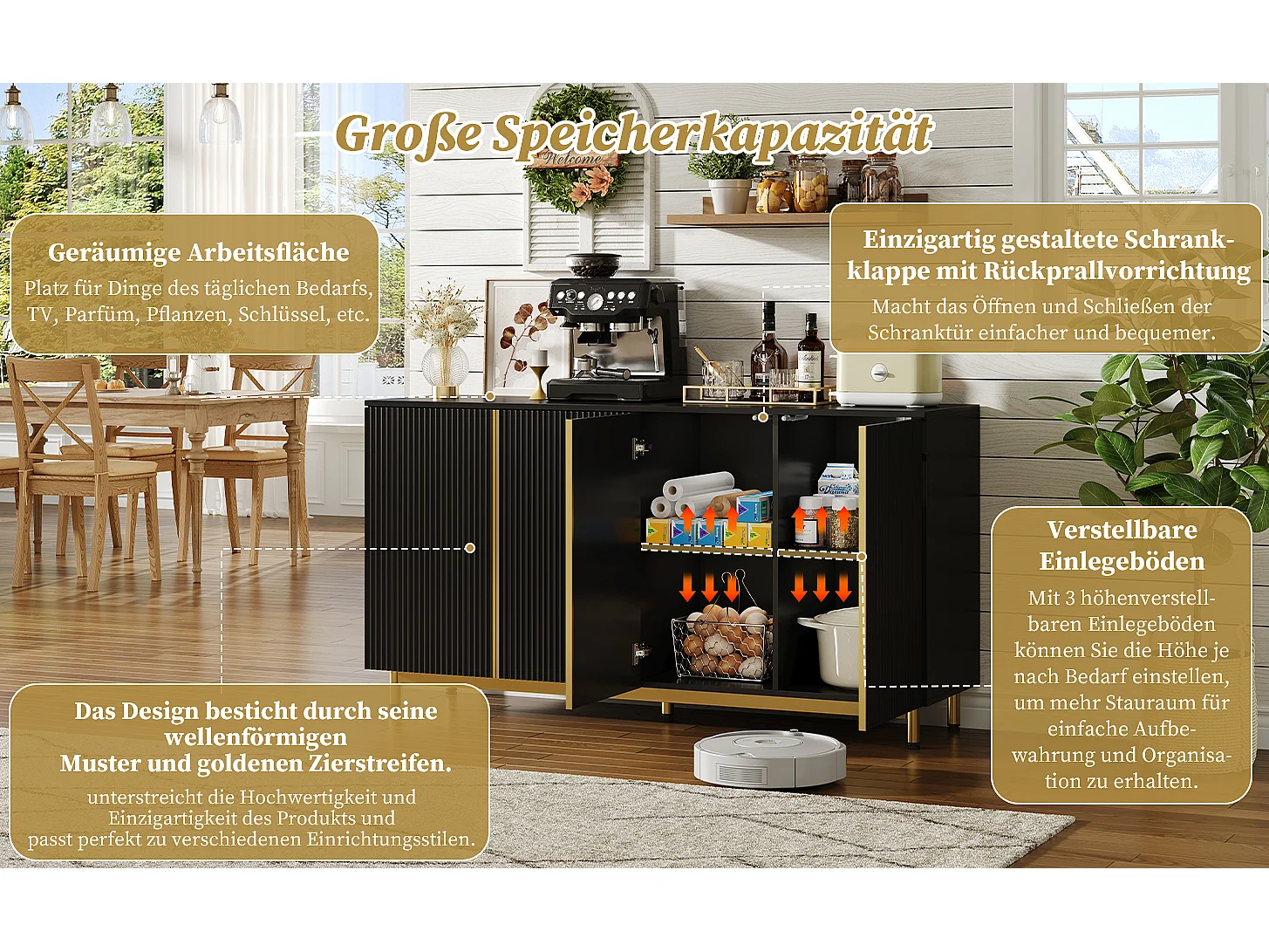 Vintage dressoir met schuifdeuren, 4 lades, verstelbare metalen poten, hout, zwart en goud (150x41,5x81 cm)