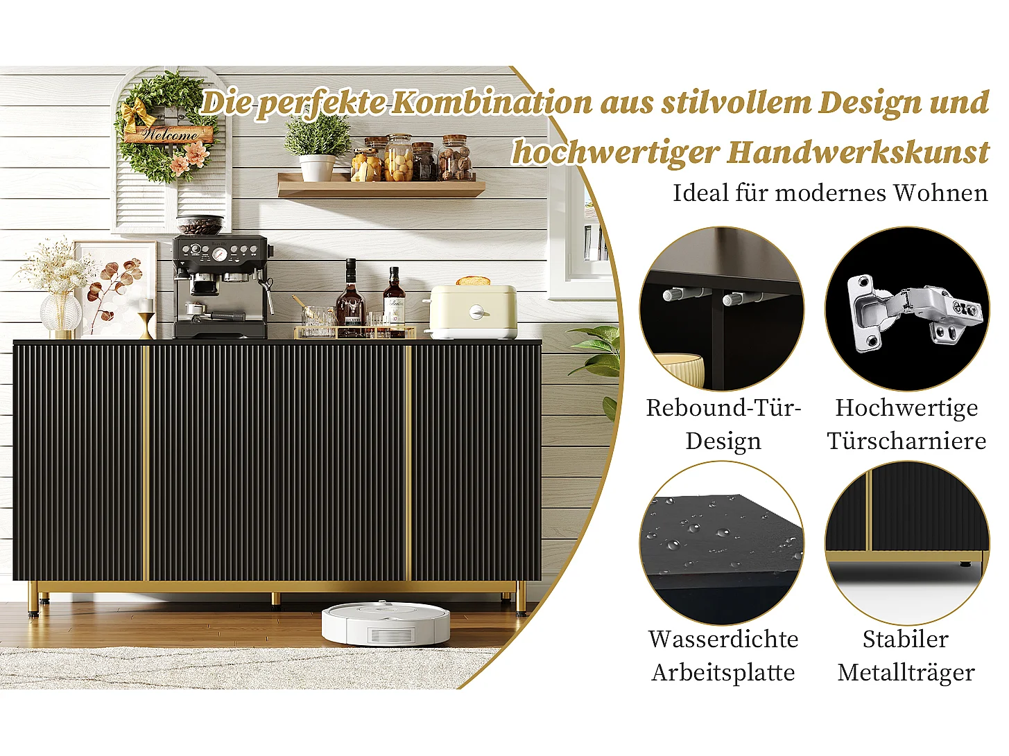 Vintage dressoir met schuifdeuren, 4 lades, verstelbare metalen poten, hout, zwart en goud (150x41,5x81 cm)