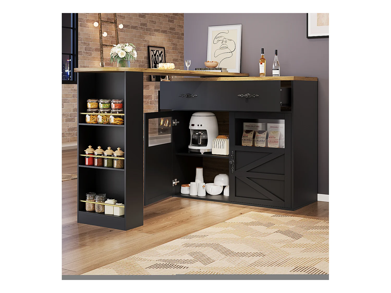 Bartisch Ausziehbar, 360° Drehbar, Stauraum, MDF, Schwarz (138-204x39x104 cm)