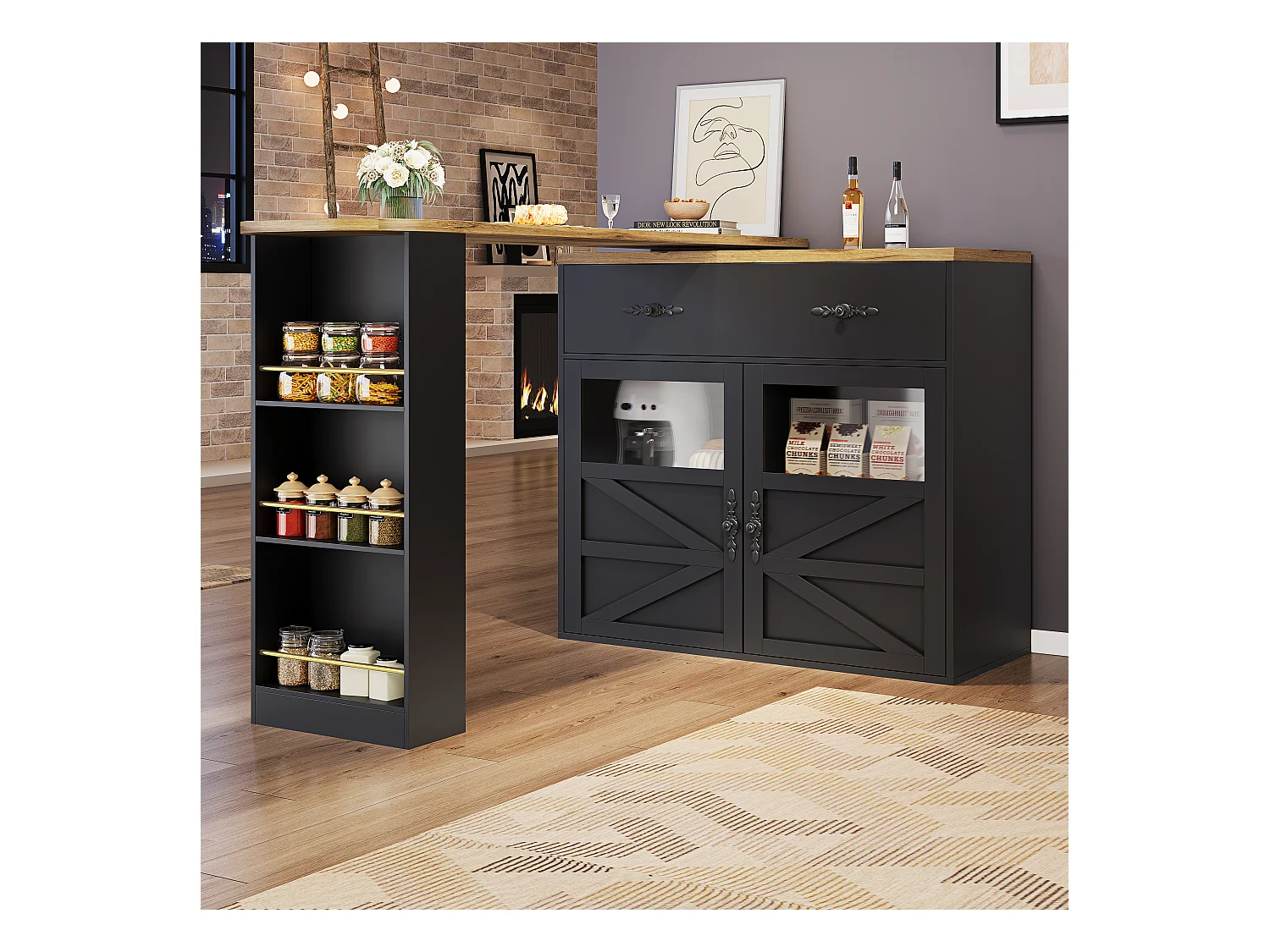 Bartisch Ausziehbar, 360° Drehbar, Stauraum, MDF, Schwarz (138-204x39x104 cm)