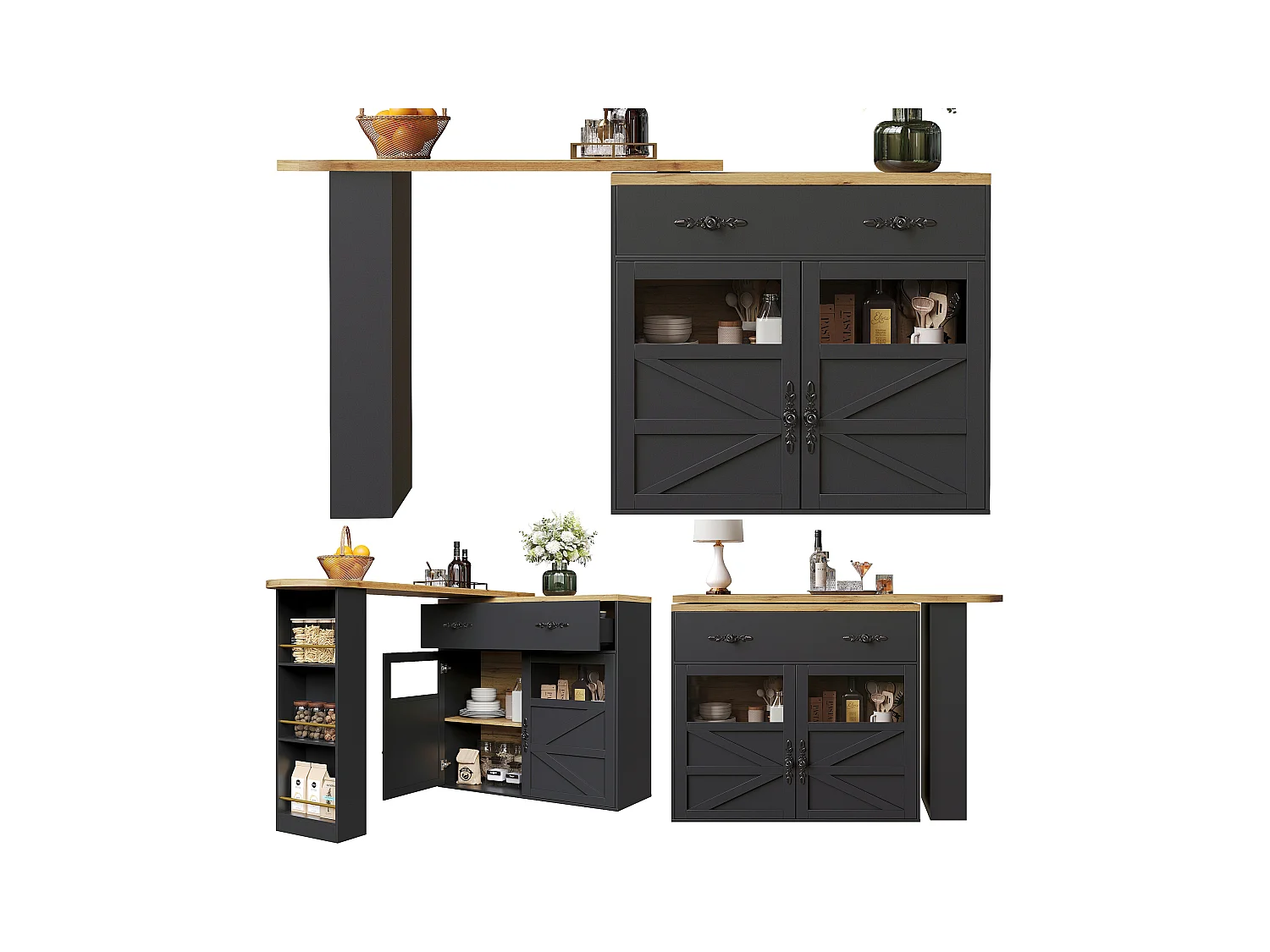 Bartisch Ausziehbar, 360° Drehbar, Stauraum, MDF, Schwarz (138-204x39x104 cm)