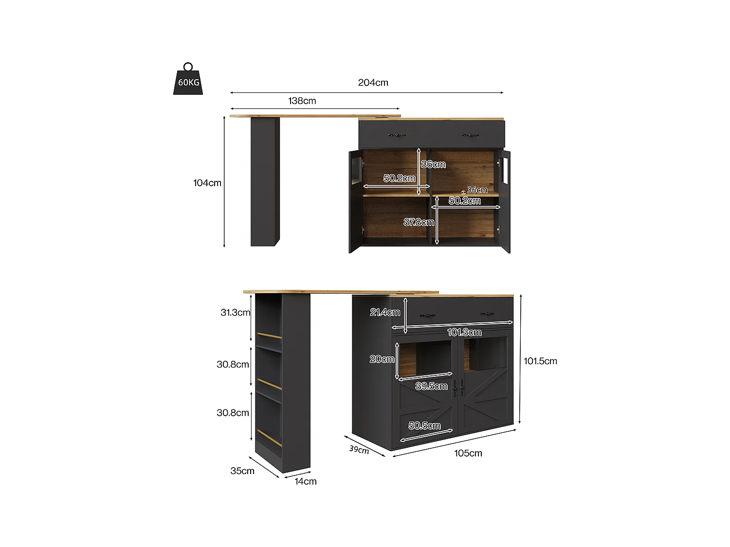 Bartisch Ausziehbar, 360° Drehbar, Stauraum, MDF, Schwarz (138-204x39x104 cm)