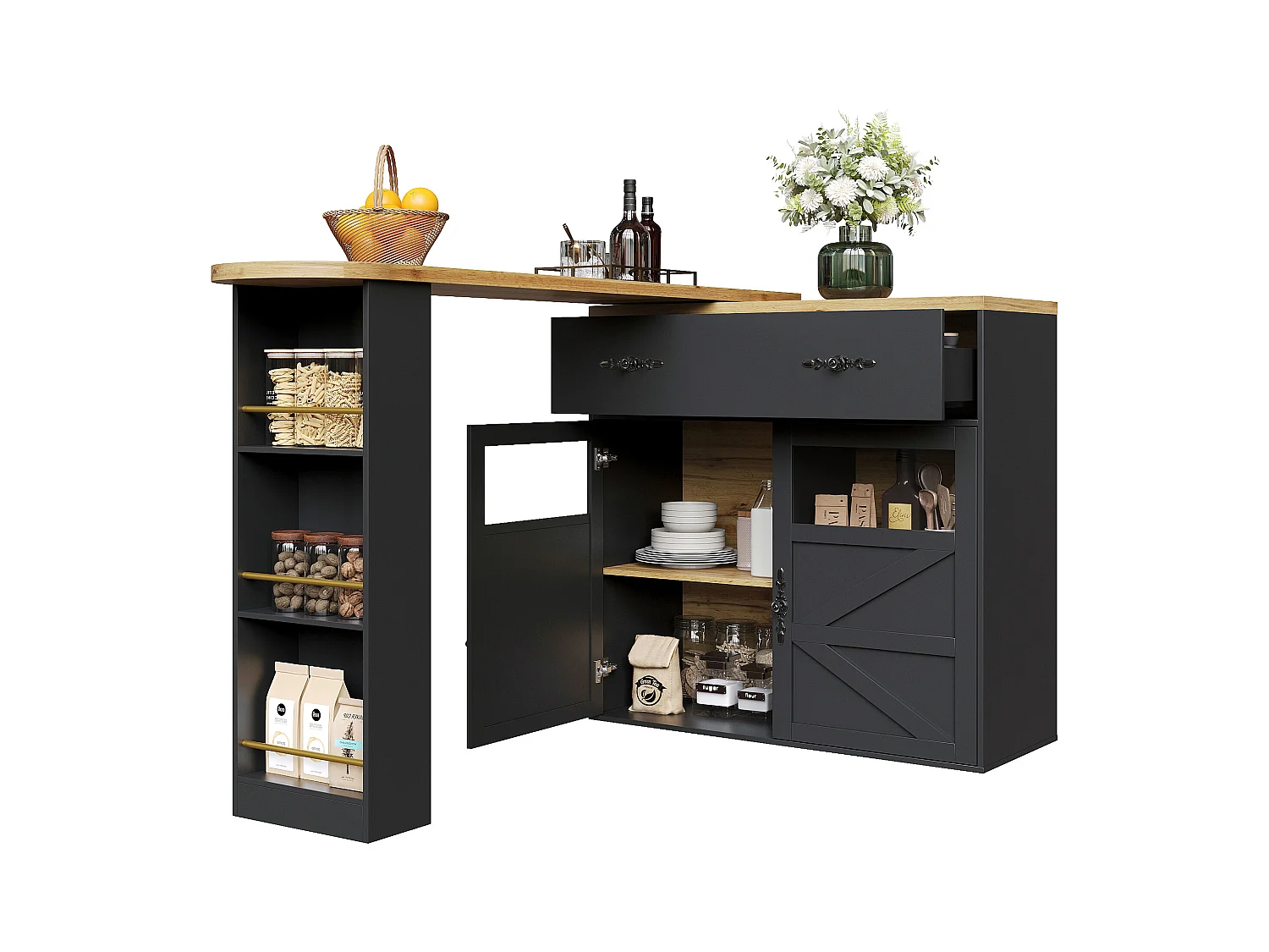 Bartisch Ausziehbar, 360° Drehbar, Stauraum, MDF, Schwarz (138-204x39x104 cm)