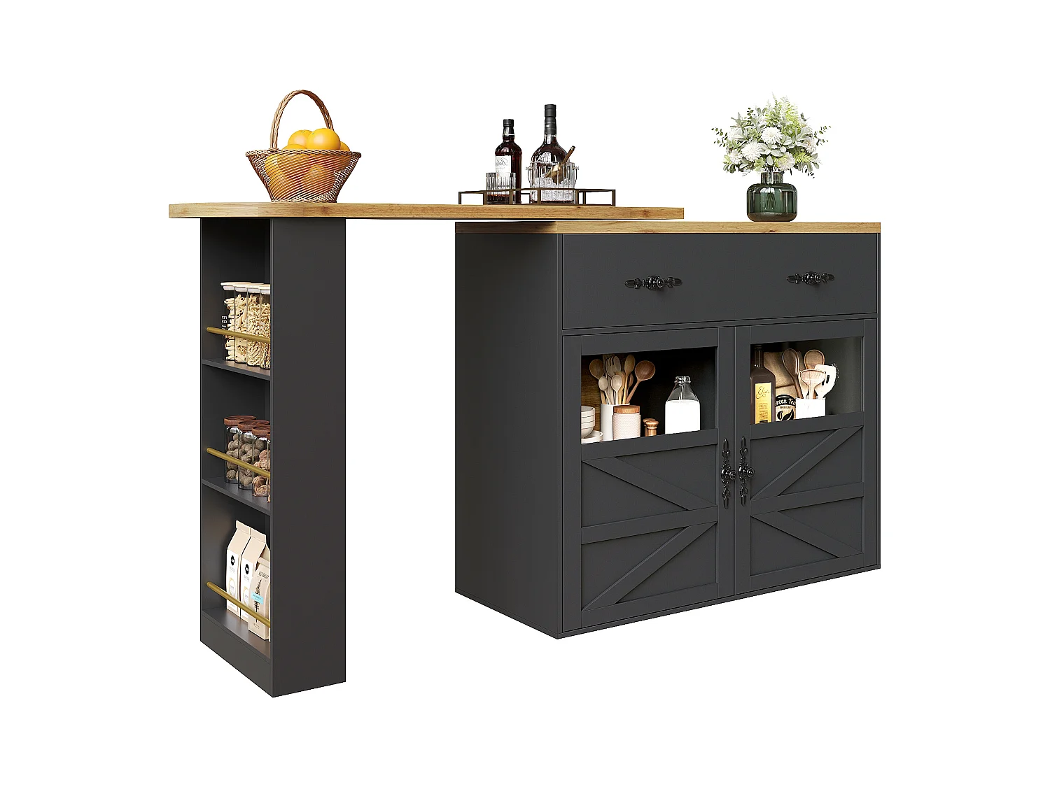 Bartisch Ausziehbar, 360° Drehbar, Stauraum, MDF, Schwarz (138-204x39x104 cm)