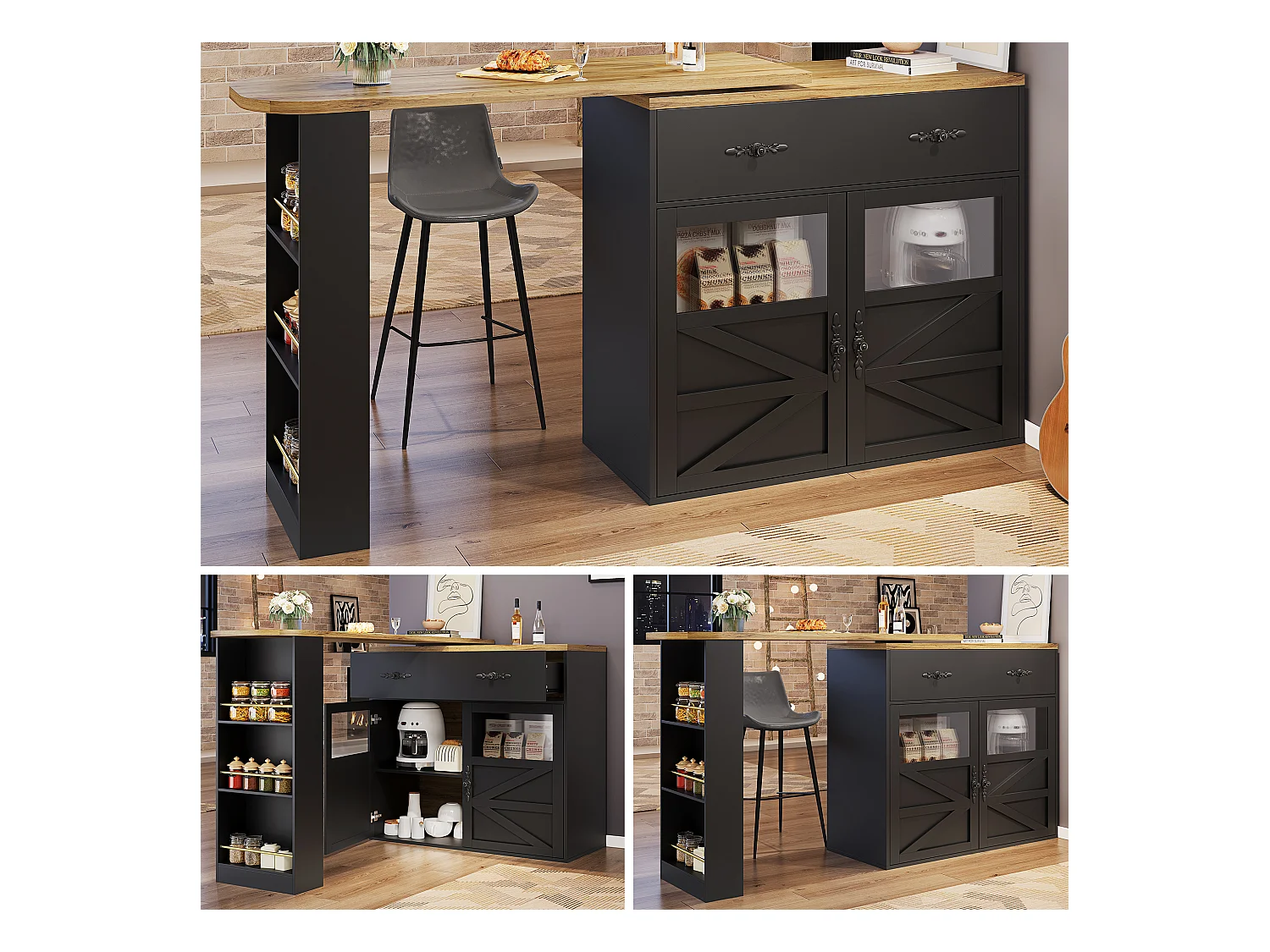 Bartisch Ausziehbar, 360° Drehbar, Stauraum, MDF, Schwarz (138-204x39x104 cm)