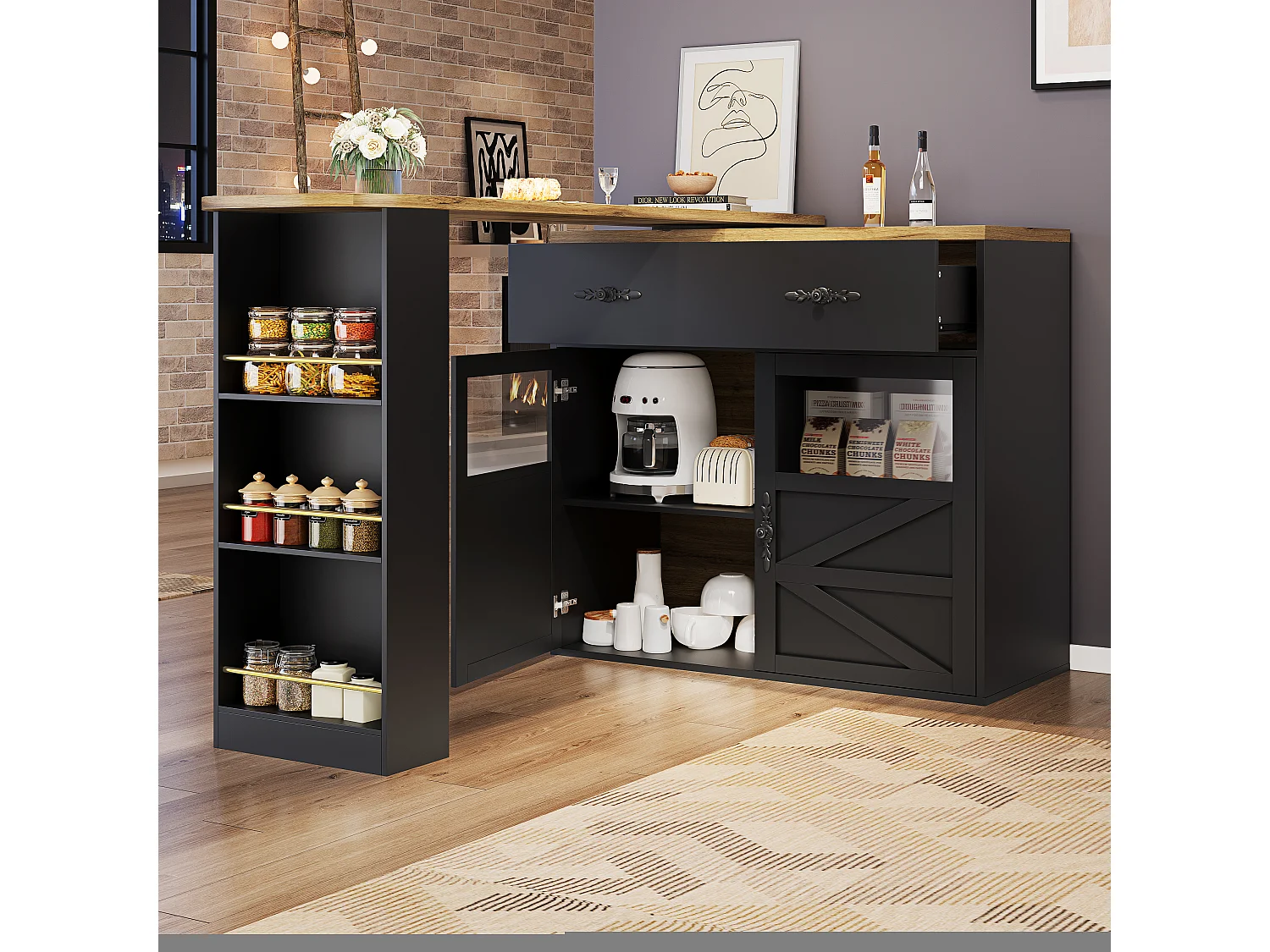 Bartisch Ausziehbar, 360° Drehbar, Stauraum, MDF, Schwarz (138-204x39x104 cm)