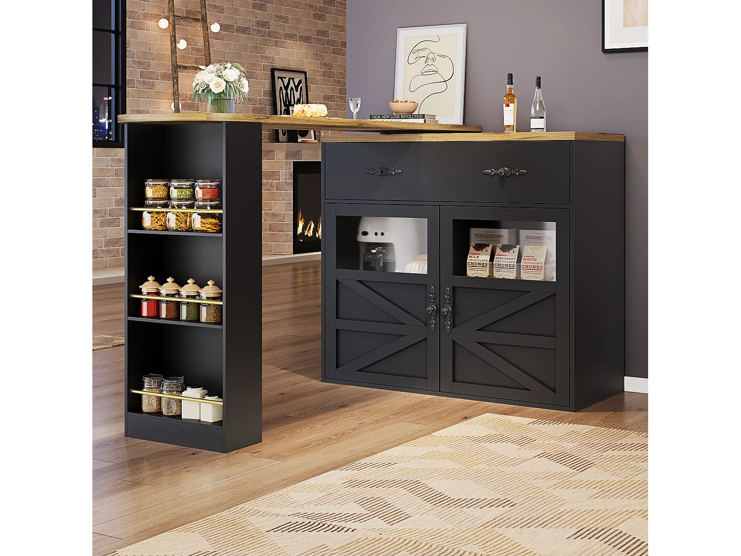 Bartisch Ausziehbar, 360° Drehbar, Stauraum, MDF, Schwarz (138-204x39x104 cm)