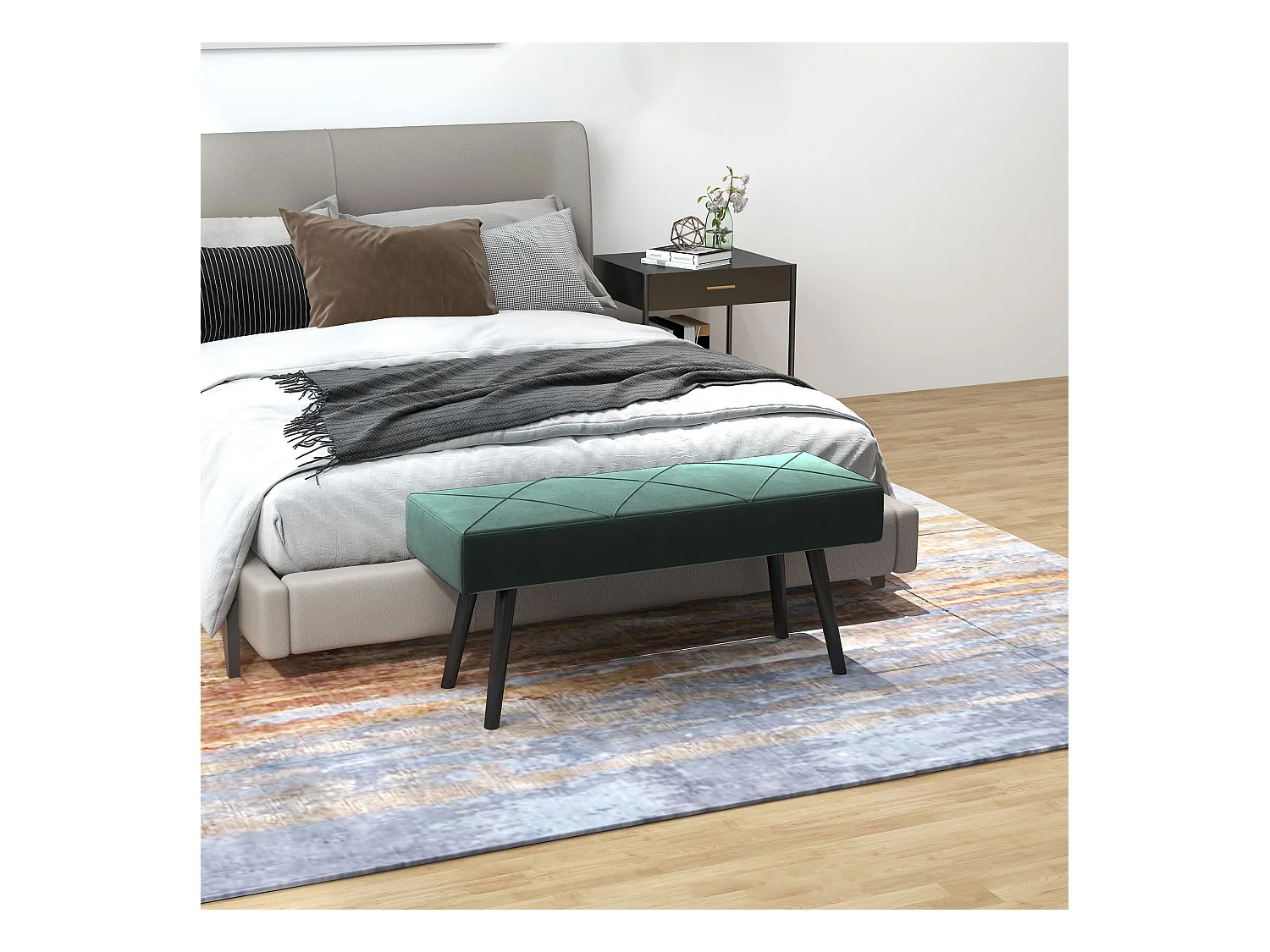 Banc rembourré velours, structure acier, vert, motif croix, charge jusqu’à 120kg (100x36x45cm)