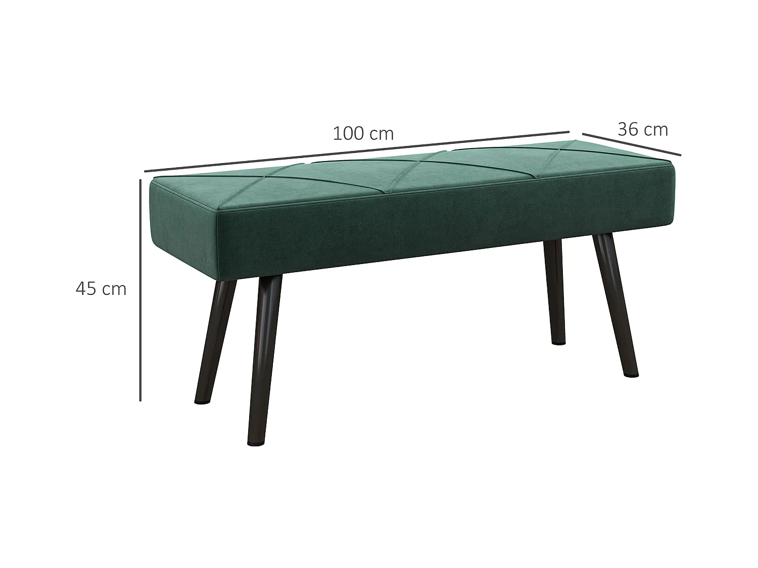 Banc rembourré velours, structure acier, vert, motif croix, charge jusqu’à 120kg (100x36x45cm)