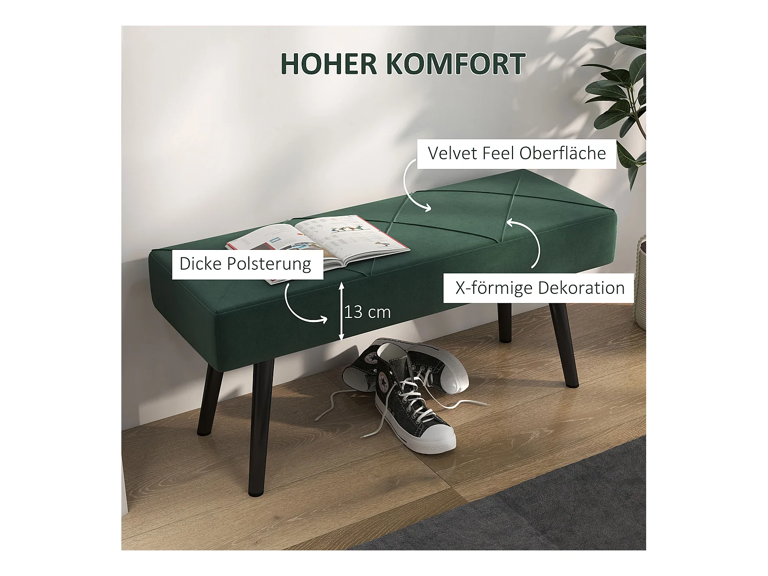Banc rembourré velours, structure acier, vert, motif croix, charge jusqu’à 120kg (100x36x45cm)