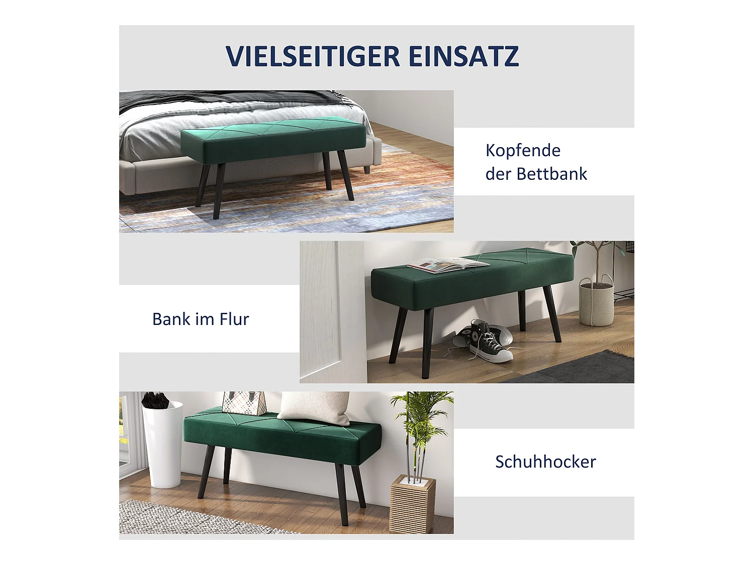 Banc rembourré velours, structure acier, vert, motif croix, charge jusqu’à 120kg (100x36x45cm)