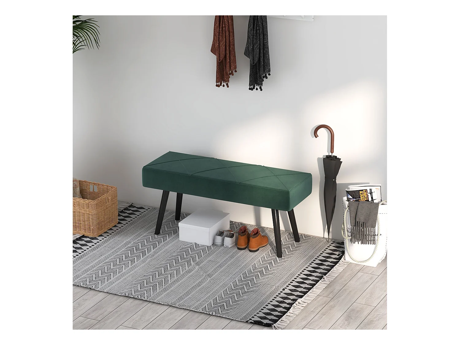 Banc rembourré velours, structure acier, vert, motif croix, charge jusqu’à 120kg (100x36x45cm)