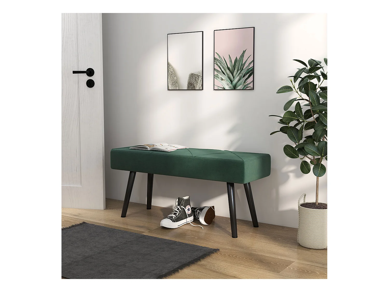 Banc rembourré velours, structure acier, vert, motif croix, charge jusqu’à 120kg (100x36x45cm)