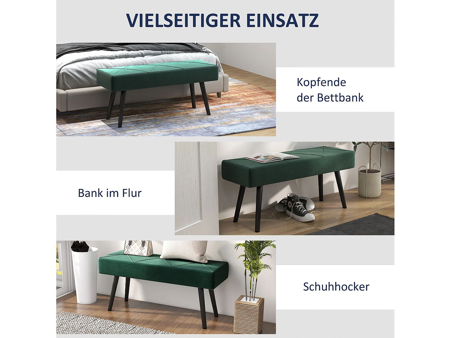 Banc rembourré velours, structure acier, vert, motif croix, charge jusqu’à 120kg (100x36x45cm)