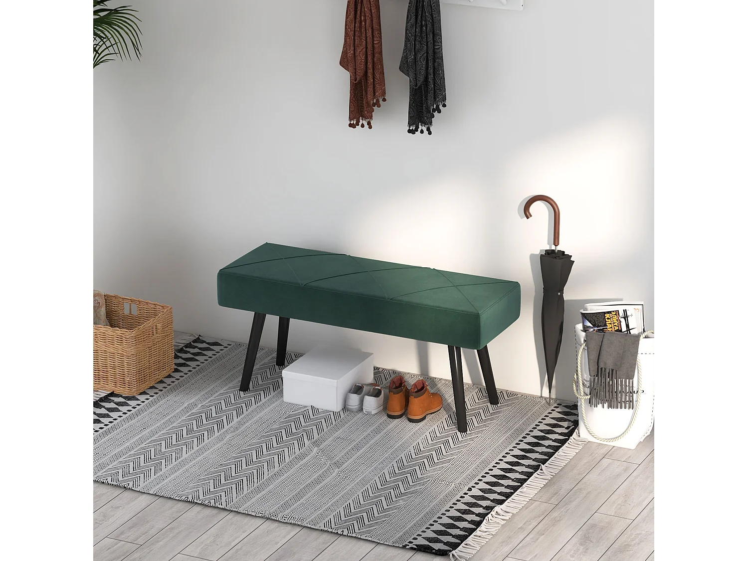 Banc rembourré velours, structure acier, vert, motif croix, charge jusqu’à 120kg (100x36x45cm)