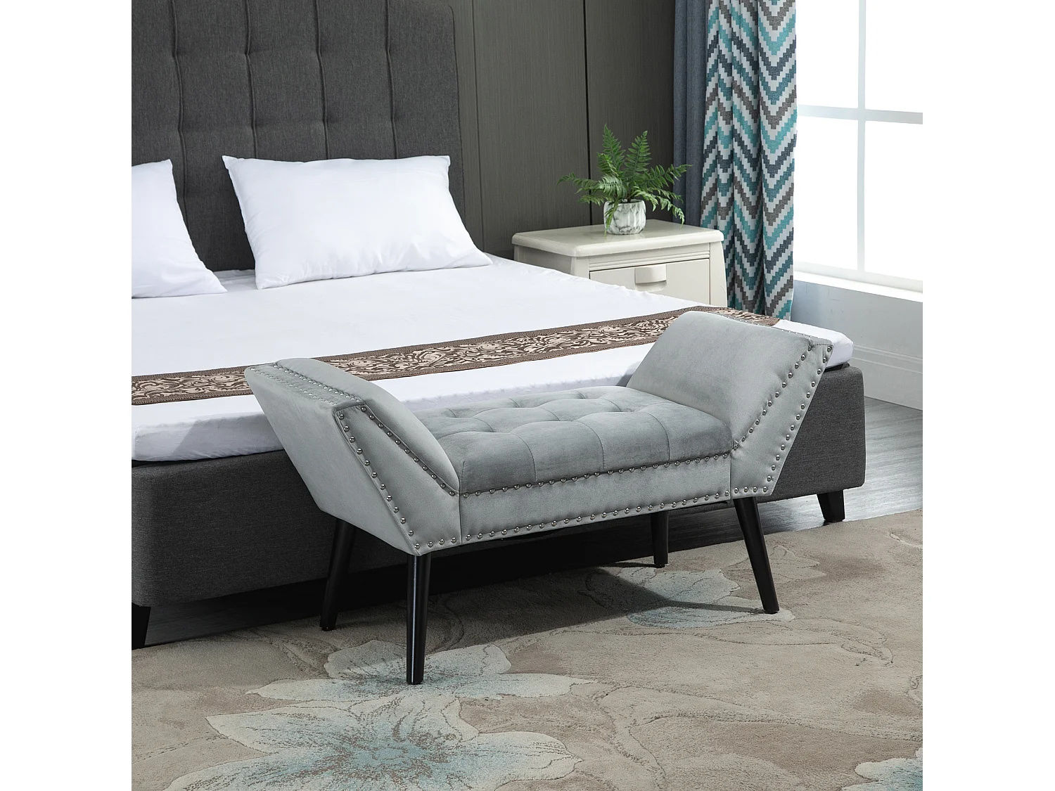 Banc rembourré moderne, pieds en bois caoutchouc, velours gris clair (114x46x56cm)