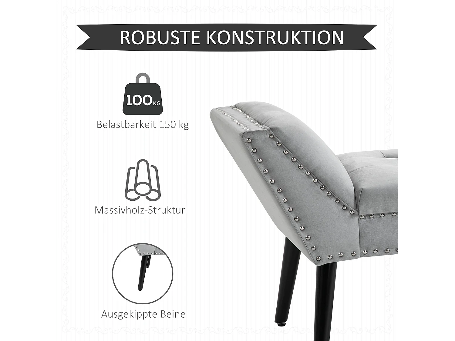 Banc rembourré moderne, pieds en bois caoutchouc, velours gris clair (114x46x56cm)