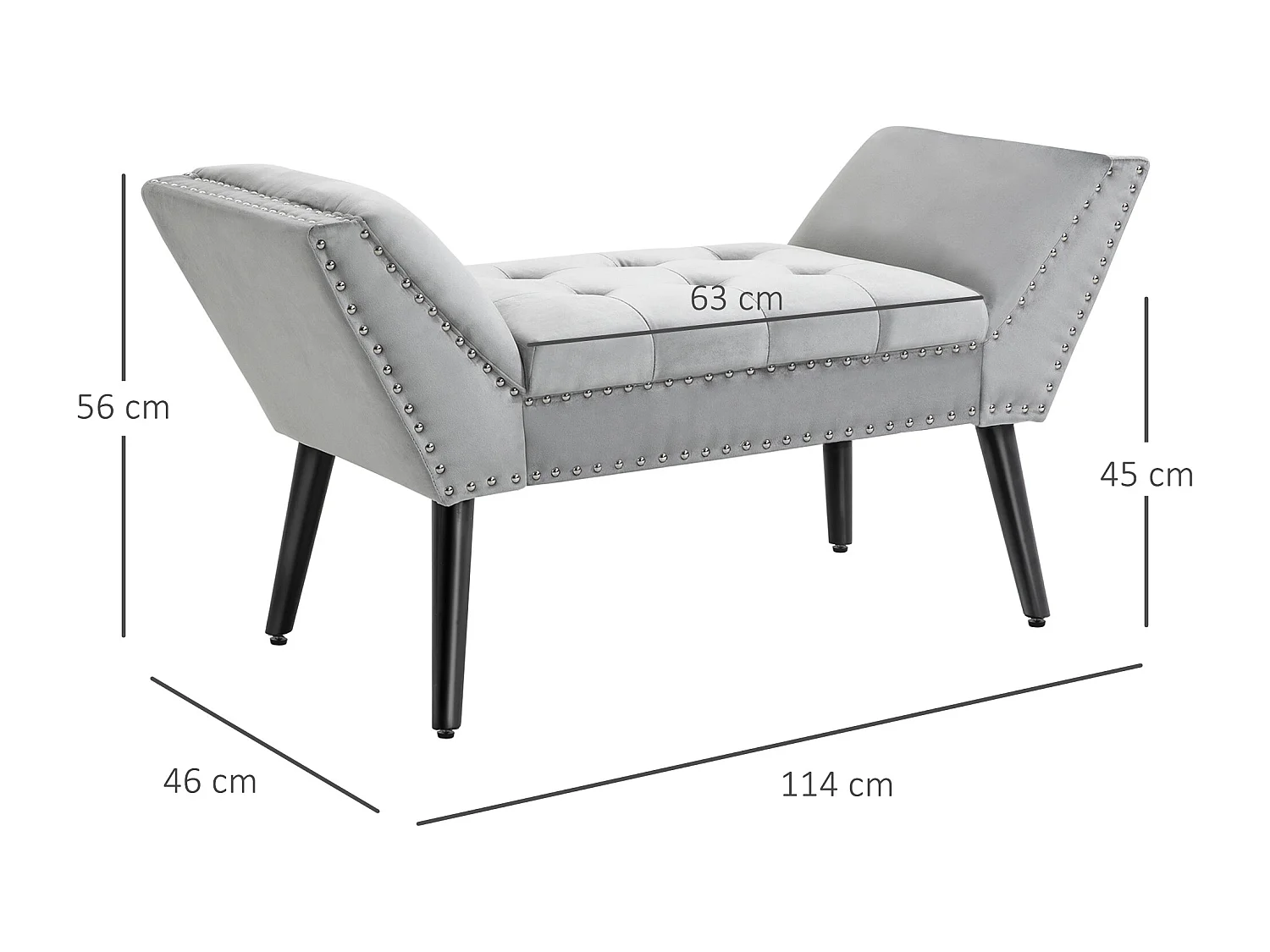 Banc rembourré moderne, pieds en bois caoutchouc, velours gris clair (114x46x56cm)