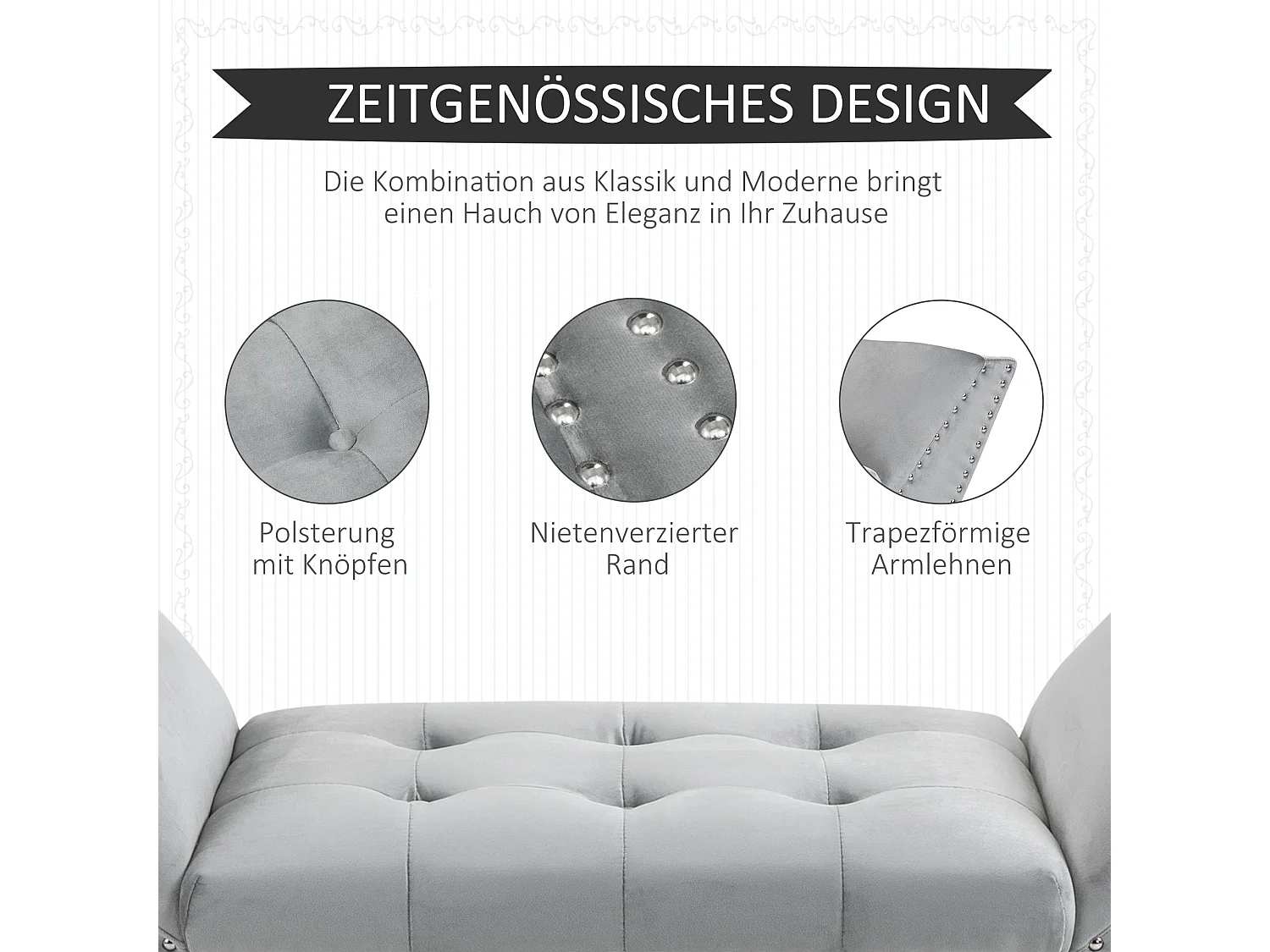 Banc rembourré moderne, pieds en bois caoutchouc, velours gris clair (114x46x56cm)