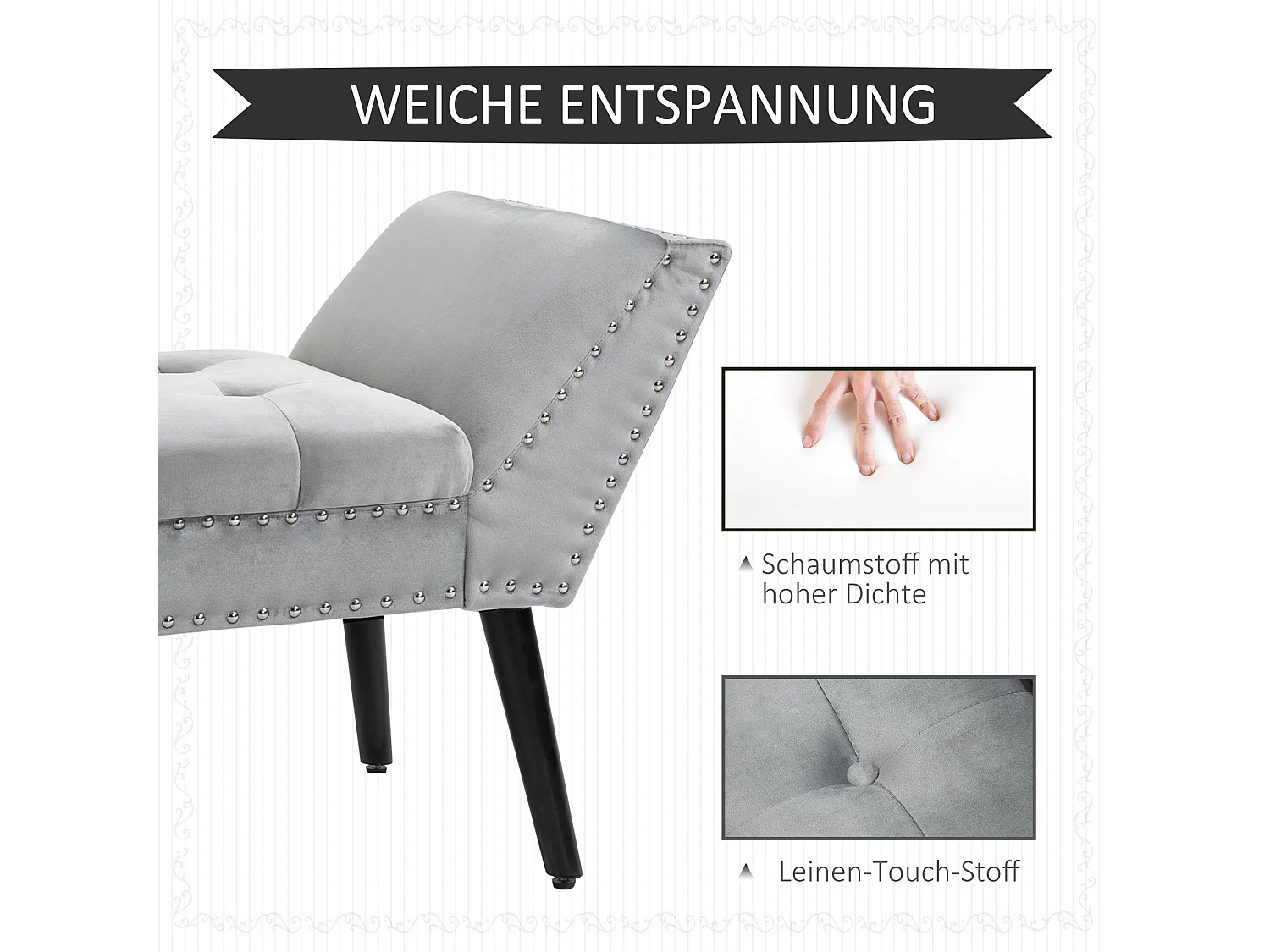 Banc rembourré moderne, pieds en bois caoutchouc, velours gris clair (114x46x56cm)