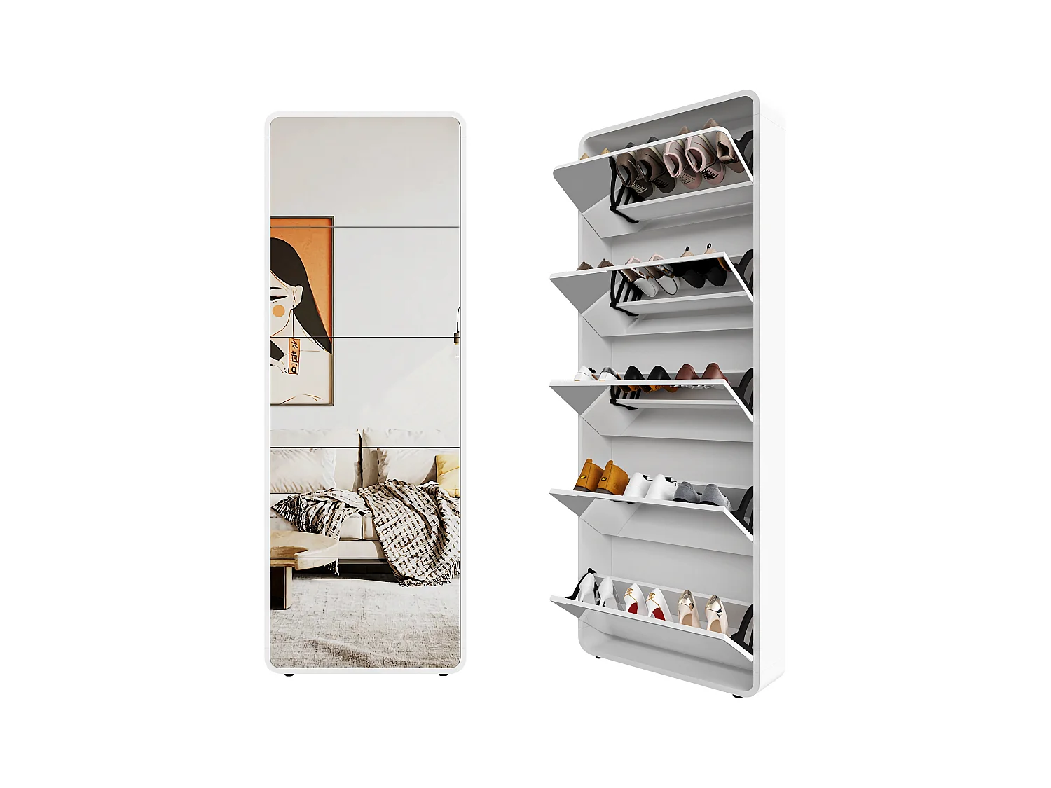 Armoire à chaussures avec miroir, 5 tiroirs flip, design courbé, MDF blanc (63x19.6x176.5 cm)