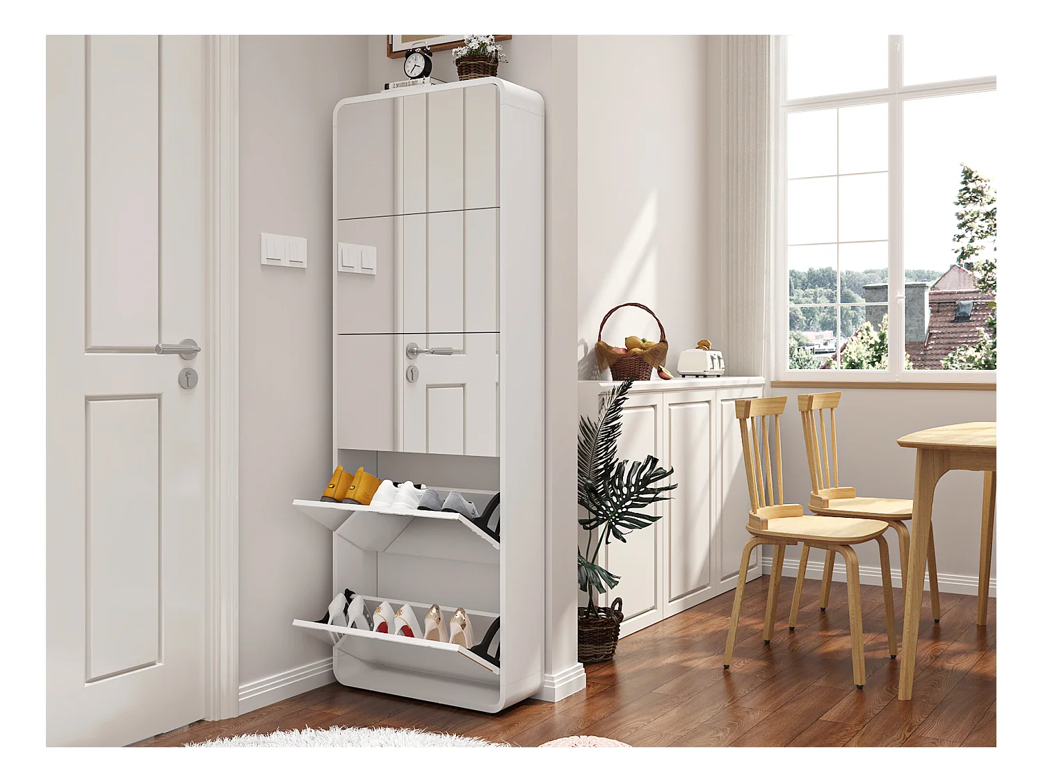 Armoire à chaussures avec miroir, 5 tiroirs flip, design courbé, MDF blanc (63x19.6x176.5 cm)