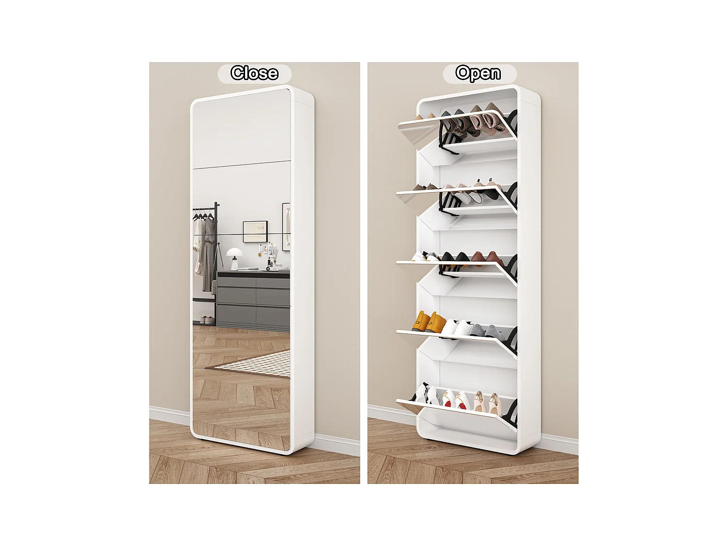 Armoire à chaussures avec miroir, 5 tiroirs flip, design courbé, MDF blanc (63x19.6x176.5 cm)