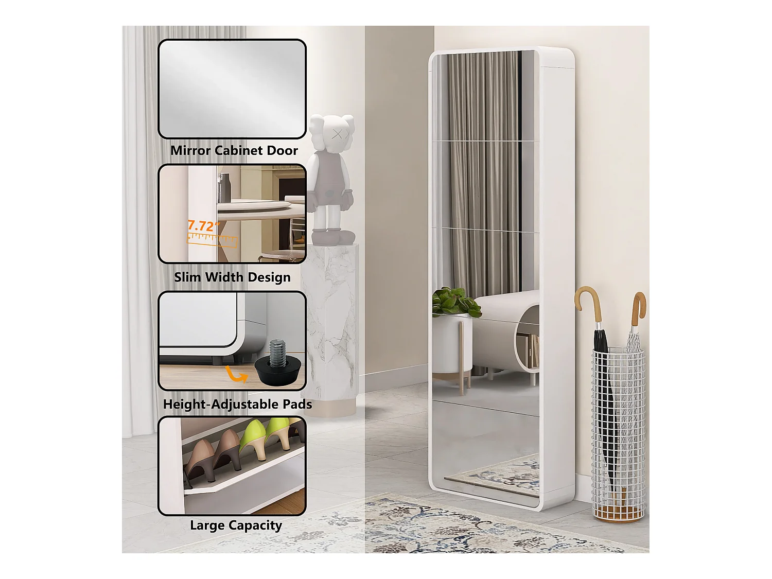 Armoire à chaussures avec miroir, 5 tiroirs flip, design courbé, MDF blanc (63x19.6x176.5 cm)