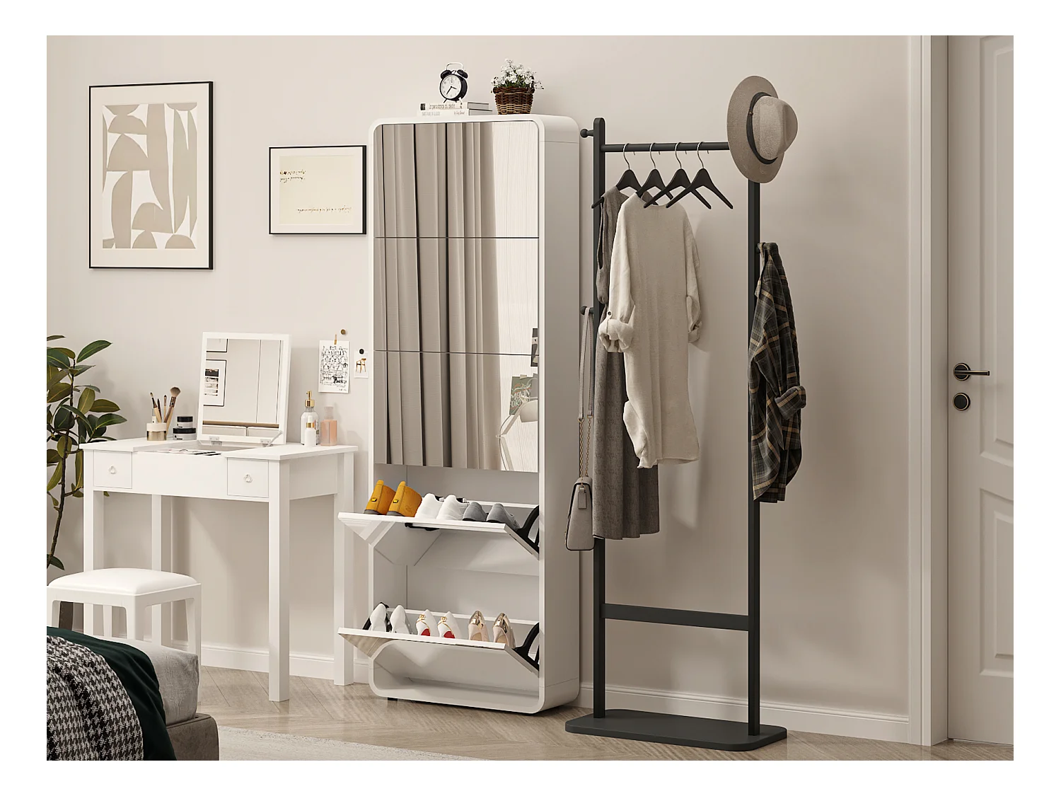 Armoire à chaussures avec miroir, 5 tiroirs flip, design courbé, MDF blanc (63x19.6x176.5 cm)