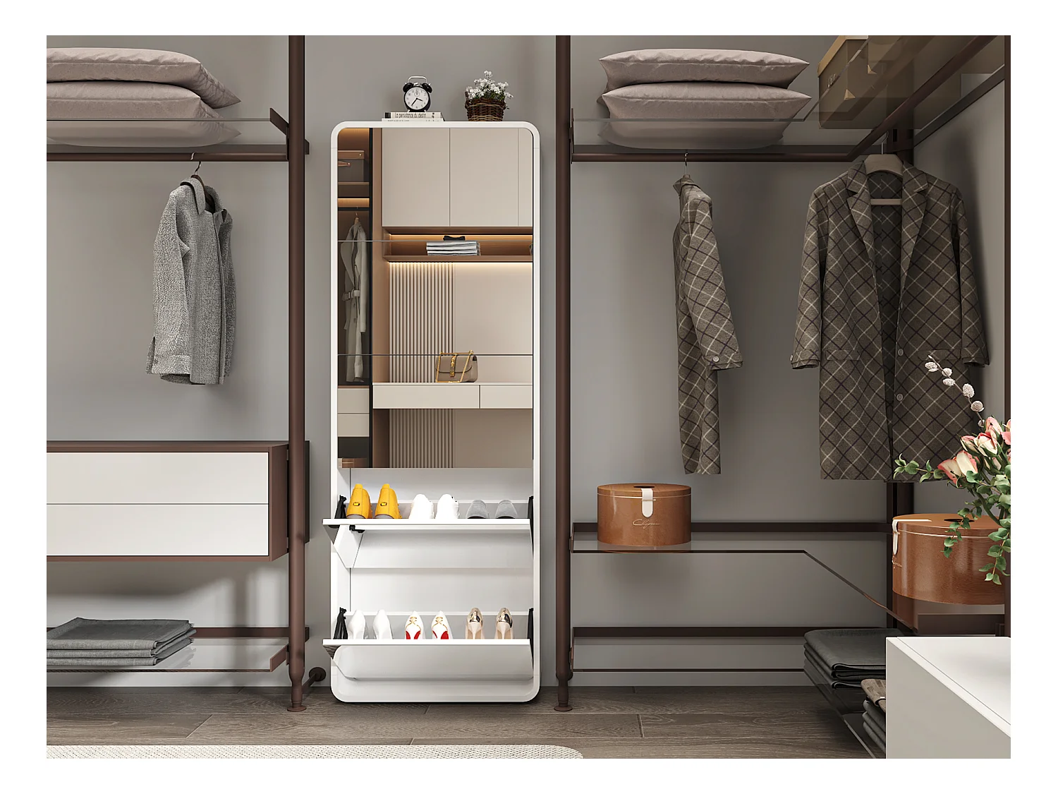 Armoire à chaussures avec miroir, 5 tiroirs flip, design courbé, MDF blanc (63x19.6x176.5 cm)