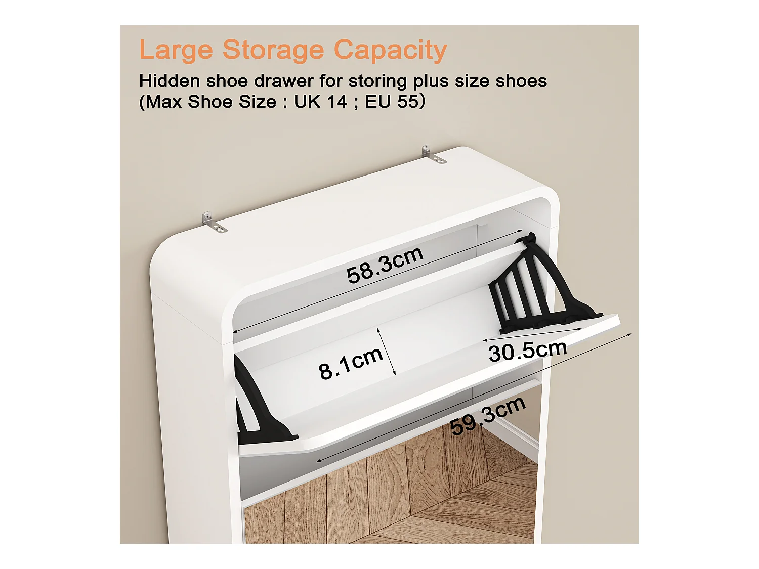 Armoire à chaussures avec miroir, 5 tiroirs flip, design courbé, MDF blanc (63x19.6x176.5 cm)