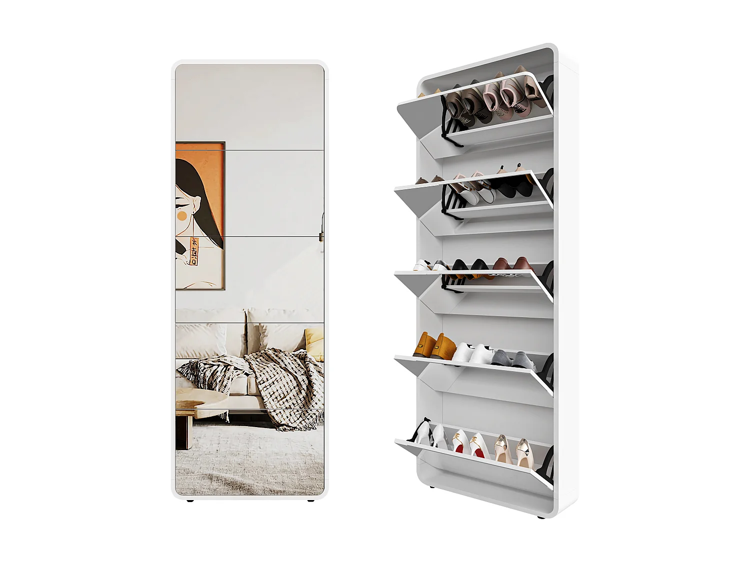 Armoire à chaussures avec miroir, 5 tiroirs flip, design courbé, MDF blanc (63x19.6x176.5 cm)