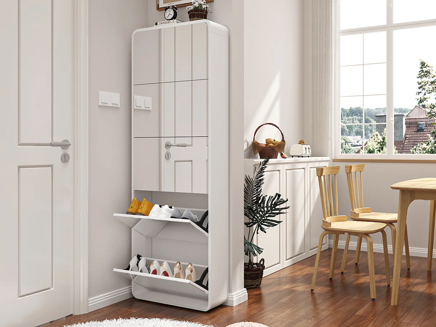 Armoire à chaussures avec miroir, 5 tiroirs flip, design courbé, MDF blanc (63x19.6x176.5 cm)