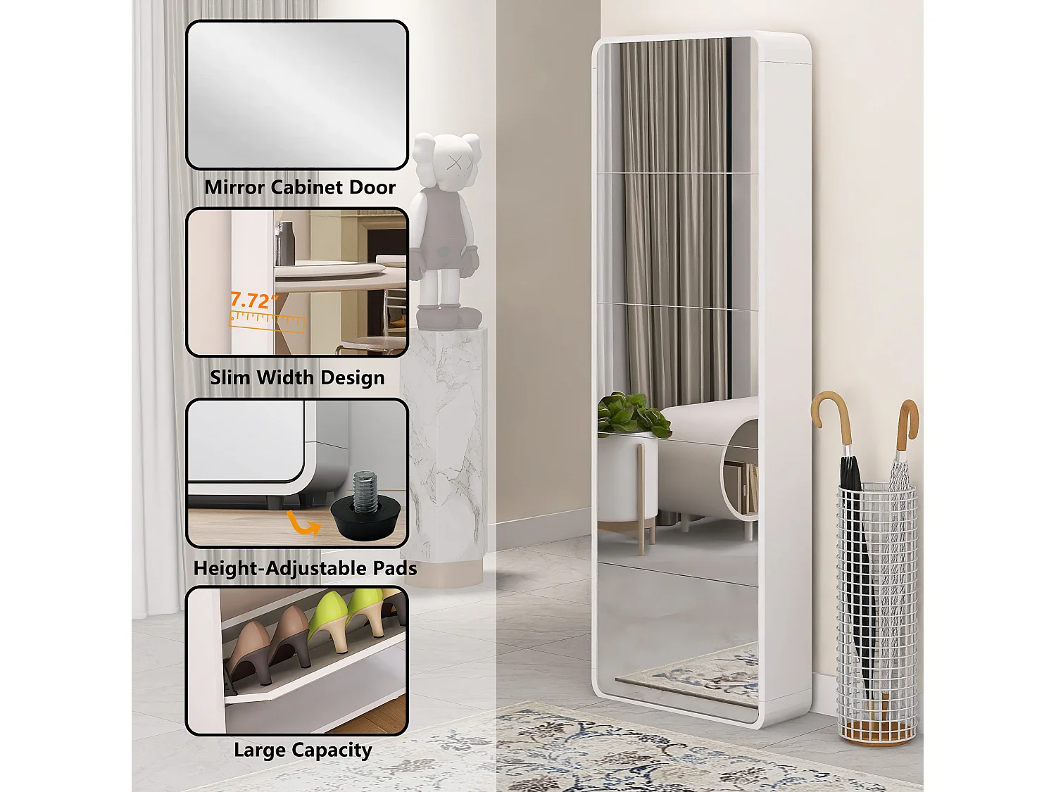 Armoire à chaussures avec miroir, 5 tiroirs flip, design courbé, MDF blanc (63x19.6x176.5 cm)