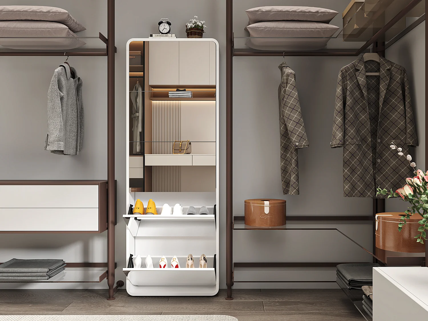 Armoire à chaussures avec miroir, 5 tiroirs flip, design courbé, MDF blanc (63x19.6x176.5 cm)