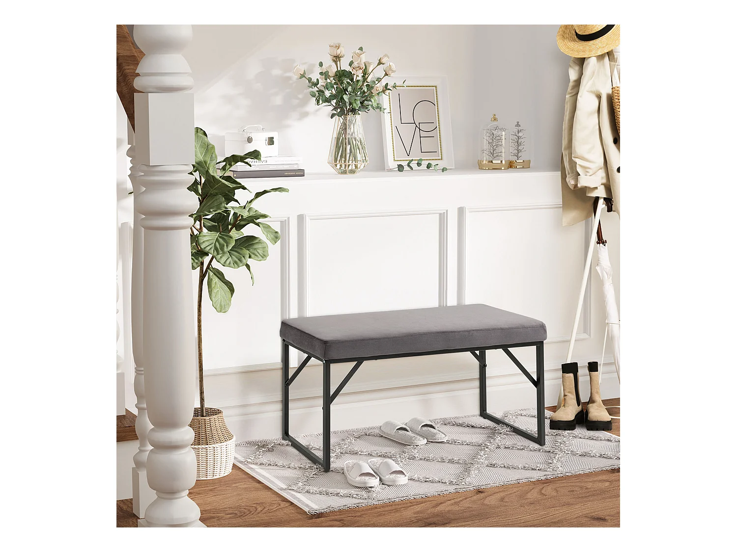 Banc rembourré velours, structure métal et bois, gris foncé (100x35x47cm)