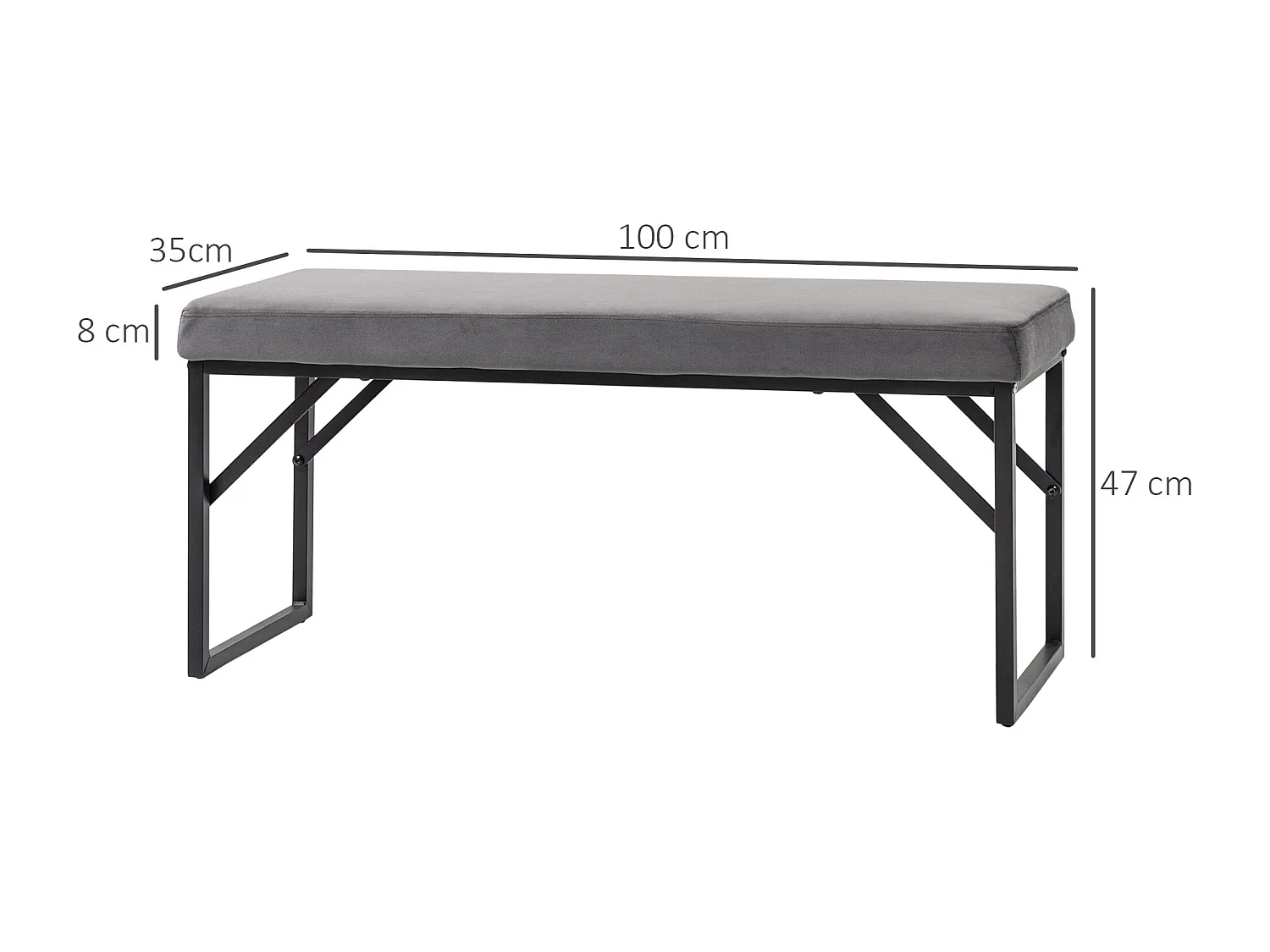 Banc rembourré velours, structure métal et bois, gris foncé (100x35x47cm)