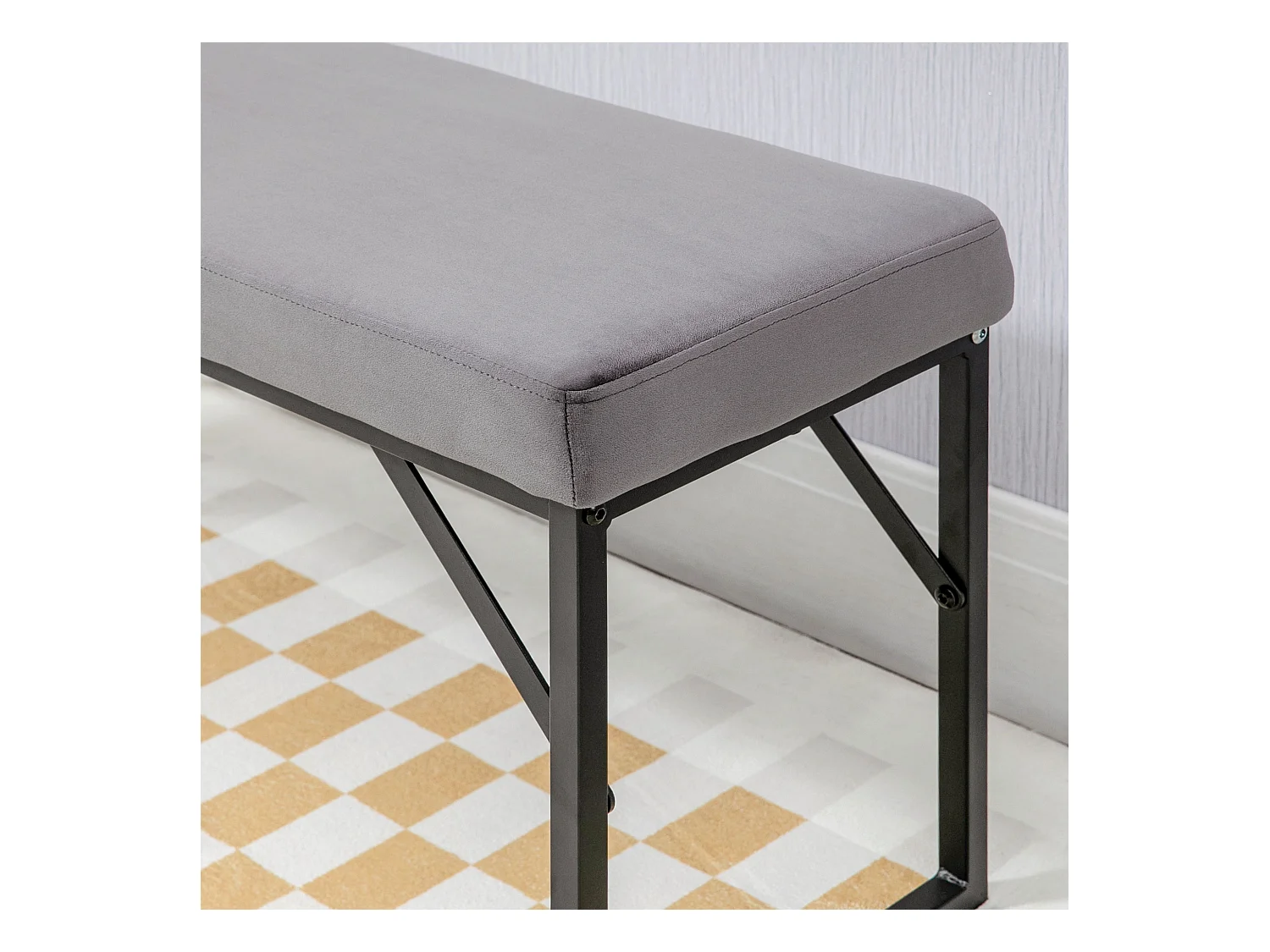 Banc rembourré velours, structure métal et bois, gris foncé (100x35x47cm)