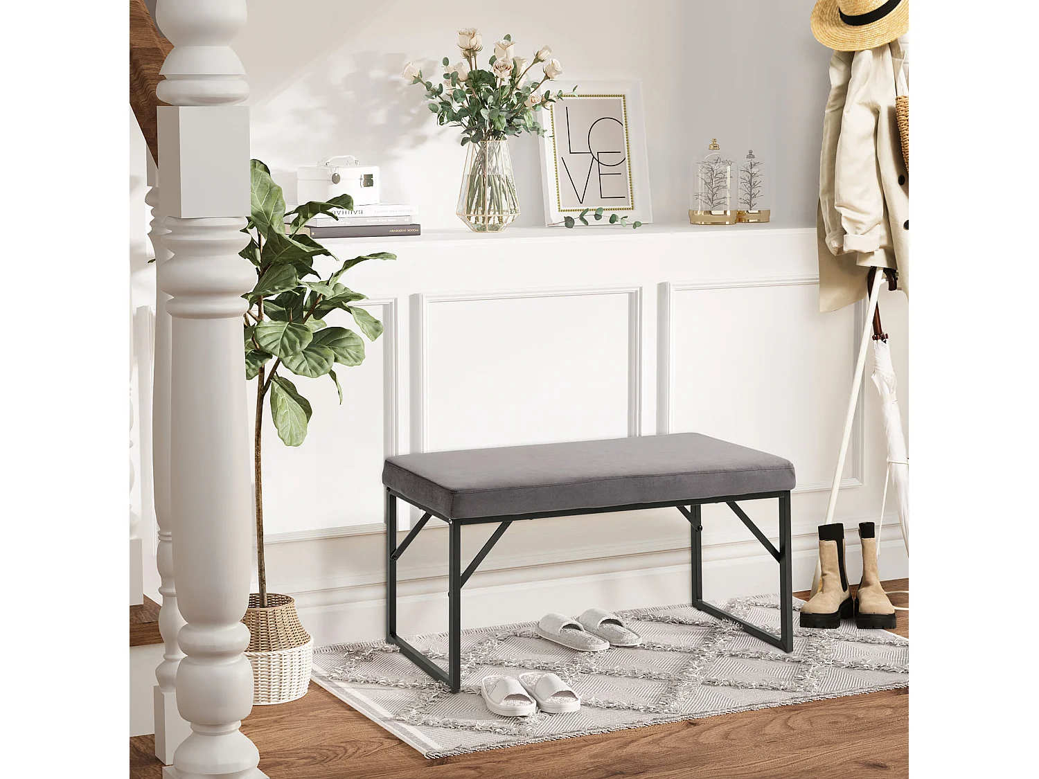 Banc rembourré velours, structure métal et bois, gris foncé (100x35x47cm)