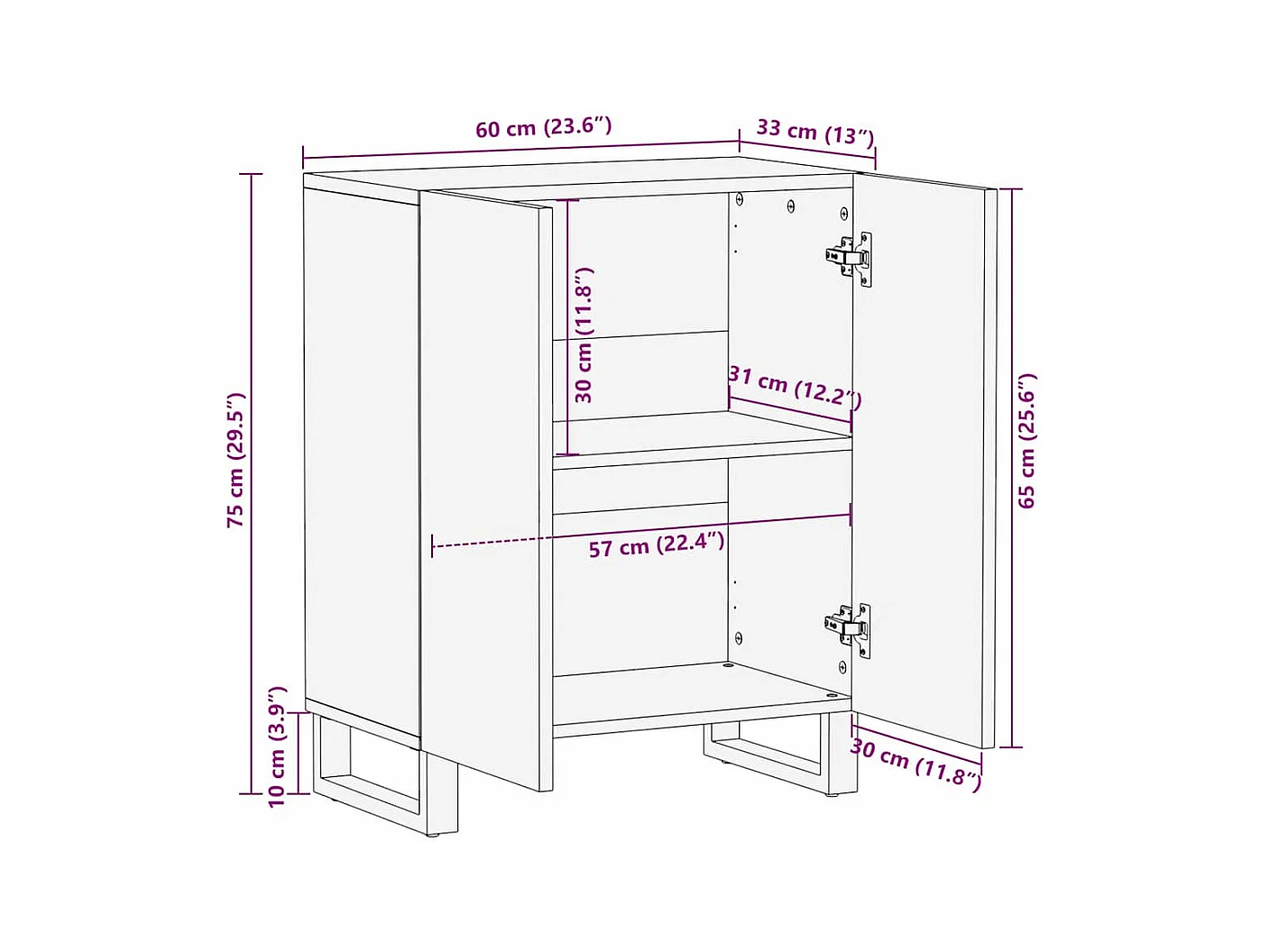Buffet 60 x 33,5 x 75 cm en bois de mangue massif