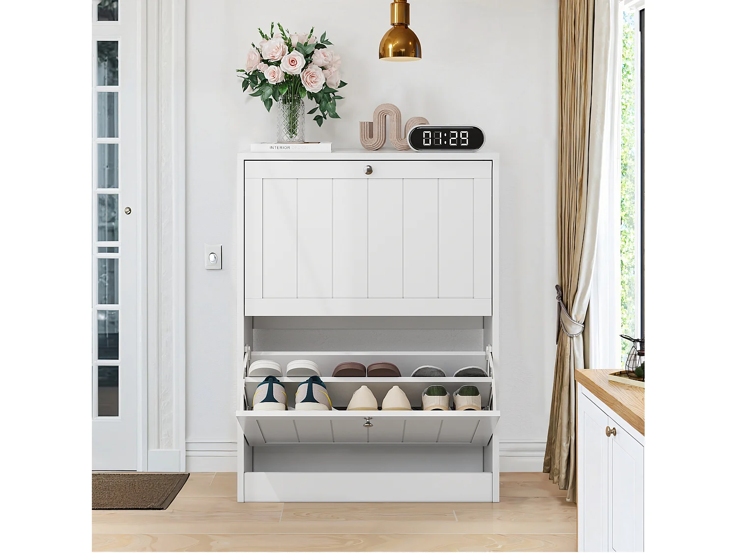 Meuble à chaussures blanc, design moderne Mid-Century, avec 2 tiroirs rabattables, idéal pour entrée et couloir (60x24x80 cm)