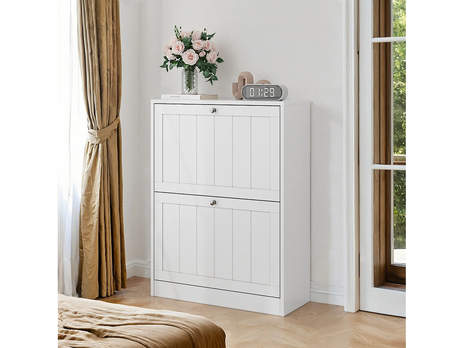 Meuble à chaussures blanc, design moderne Mid-Century, avec 2 tiroirs rabattables, idéal pour entrée et couloir (60x24x80 cm)