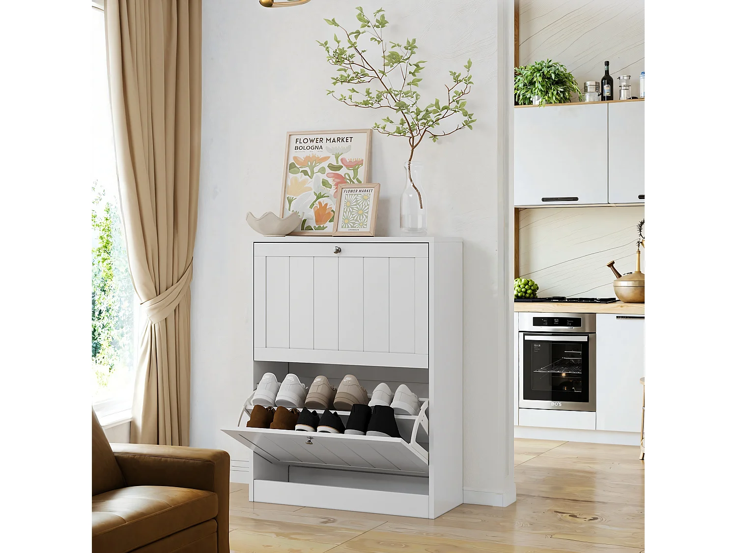 Meuble à chaussures blanc, design moderne Mid-Century, avec 2 tiroirs rabattables, idéal pour entrée et couloir (60x24x80 cm)